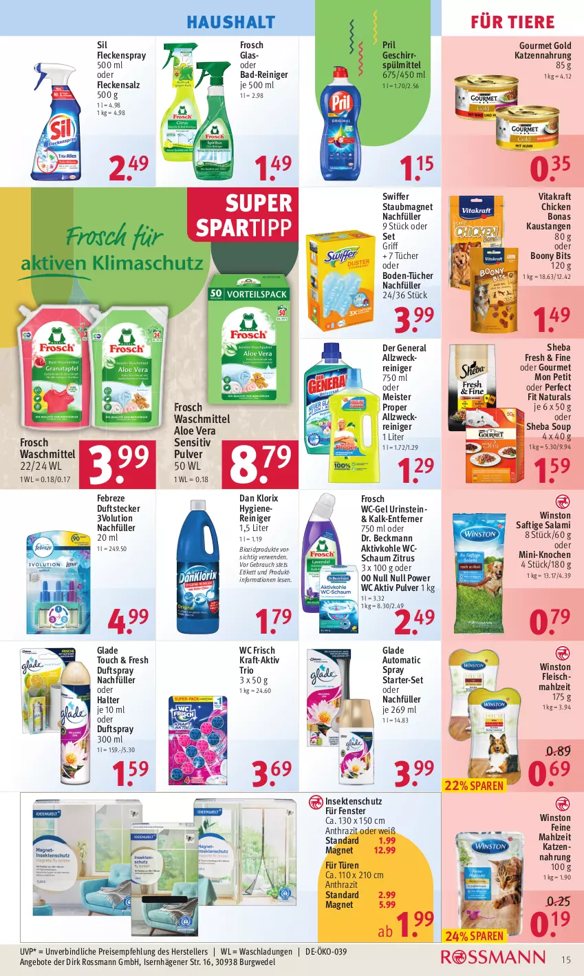 Aktueller Prospekt Rossmann - Prospekte - von 30.05 bis 03.06.2022 - strona 15 - produkty: allzweckreiniger, aloe vera, angebot, angebote, aust, auto, Bad, Bad-Reiniger, bio, biozidprodukte, Bona, Dr. Beckmann, Duftspray, eis, elle, febreze, fenster, fleisch, Frosch, geschirr, geschirrspülmittel, Glade, gourmet gold, insektenschutz, katzennahrung, kraft, Meister, meister proper, natur, natura, Perfect Fit, pril, Rauch, reiniger, reis, rwe, saft, salami, salz, sekt, sheba, spartipp, spülmittel, staubmagnet, swiffer, teller, Ti, Tiere, tücher, vita, vitakraft, waschmittel, wc frisch, wc-gel, weck, wedel