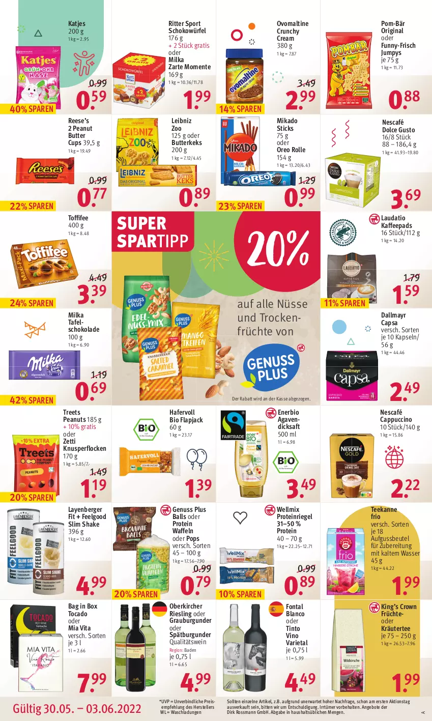 Aktueller Prospekt Rossmann - Prospekte - von 30.05 bis 03.06.2022 - strona 16 - produkty: agaven, angebot, angebote, Bad, ball, Berger, beutel, bio, burgunder, butter, butterkeks, Cap, cappuccino, cin, dallmayr, dallmayr capsa, dicksaft, dolce gusto, eis, elle, ente, früchte, funny-frisch, gin, grauburgunder, hafer, kaffee, kaffeepads, katjes, keks, Knusperflocken, kräuter, leibniz, LG, mikado, milka, Nescafé, nuss, oder kräuter, oreo, ovomaltine, peanut butter, pom-bär, qualitätswein, reis, riegel, riesling, ritter, ritter sport, saft, schoko, schokolade, schokowürfel, shake, spartipp, spätburgunder, Sport, tafelschokolade, tee, teekanne, teller, Ti, toffifee, Trockenfrüchte, vita, waffeln, wasser, wein, würfel