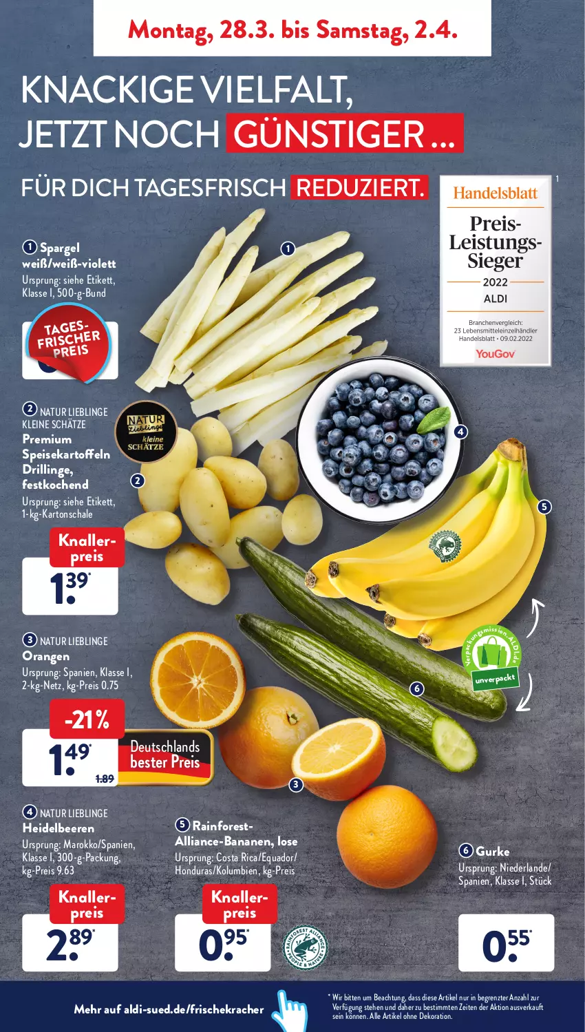 Aktueller Prospekt AldiSud - ALDI Aktuell - von 28.03 bis 02.04.2022 - strona 2 - produkty: aldi, alle artikel ohne dekoration, banane, bananen, beere, beeren, dekoration, eis, gurke, heidelbeere, heidelbeeren, kartoffel, kartoffeln, knallerpreis, kracher, leine, natur, orange, orangen, quad, reis, Schal, Schale, spargel, speisekartoffeln, Ti, ZTE