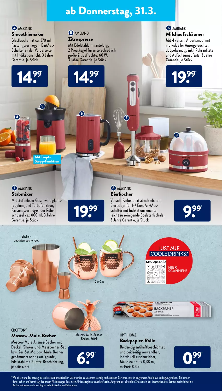 Aktueller Prospekt AldiSud - ALDI Aktuell - von 28.03 bis 02.04.2022 - strona 37 - produkty: alle artikel ohne dekoration, ambia, ananas, Becher, Crofton, crofton®, decke, Deckel, dekoration, drink, drinks, edelstahl, eier, Eierkocher, eis, elle, flasche, früchte, gin, glasflasche, Kocher, Leuchte, Mantel, Messbecher, milch, milchaufschäumer, Mixer, papier, reis, rwe, Schal, Schale, schüssel, shake, smoothie, stabmixer, Ti, Zitruspresse, ZTE