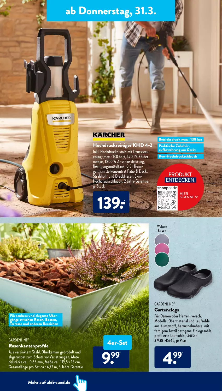 Aktueller Prospekt AldiSud - ALDI Aktuell - von 28.03 bis 02.04.2022 - strona 38 - produkty: aldi, Clogs, decke, dell, eis, elle, gardenline®, Garten, hochdruckreiniger, Mode, rasen, reiniger, Reinigung, Reinigungsmittel, Ria, schlauch, Ti, tisch