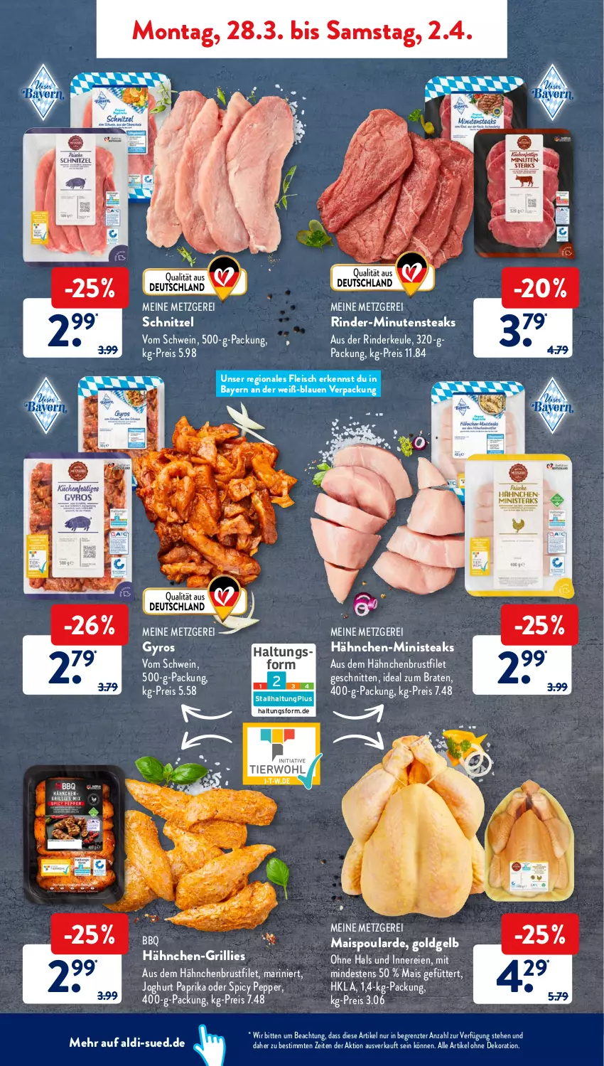 Aktueller Prospekt AldiSud - ALDI Aktuell - von 28.03 bis 02.04.2022 - strona 4 - produkty: aldi, alle artikel ohne dekoration, braten, brustfilet, dekoration, eis, filet, fleisch, grill, gyros, hähnchenbrust, hähnchenbrustfilet, ideal zum braten, joghur, joghurt, mais, minutensteaks, paprika, reis, rind, rinder, Rinderkeule, schnitten, schnitzel, schwein, steak, steaks, Ti, wein, ZTE