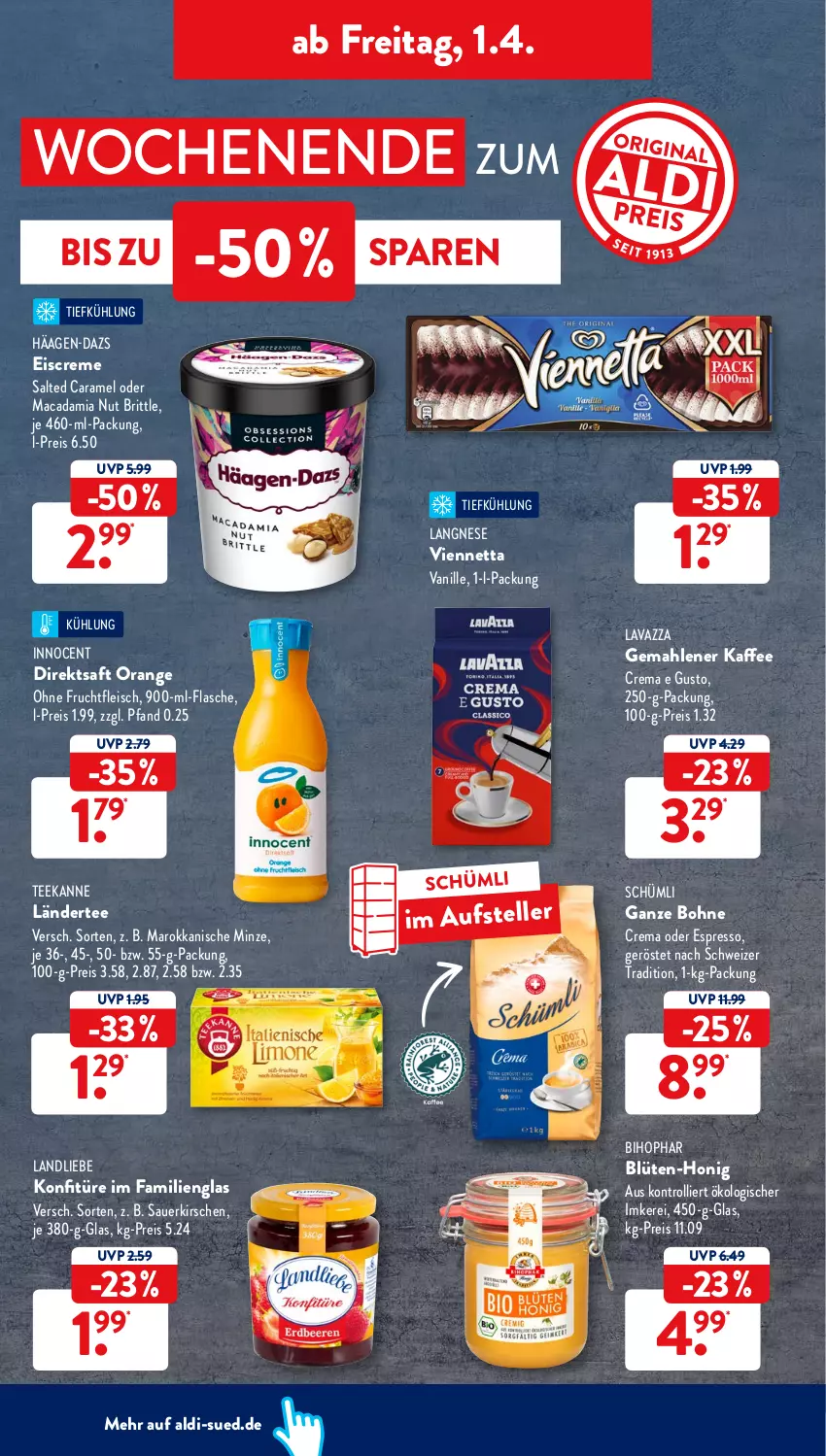 Aktueller Prospekt AldiSud - ALDI Aktuell - von 28.03 bis 02.04.2022 - strona 44 - produkty: aldi, auer, bihophar, Blüte, bohne, caramel, creme, direktsaft, eis, eiscreme, elle, espresso, flasche, fleisch, frucht, fruchtfleisch, häagen-dazs, honig, Innocent, kaffee, kirsch, kirsche, kirschen, konfitüre, Ländertee, landliebe, langnese, lavazza, mac, macadamia, minze, oder espresso, orange, reis, saft, sauerkirschen, tee, teekanne, teller, Ti, trolli, vanille, viennetta