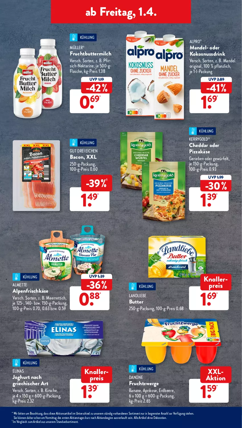 Aktueller Prospekt AldiSud - ALDI Aktuell - von 28.03 bis 02.04.2022 - strona 45 - produkty: alle artikel ohne dekoration, almette, alpenfrischkäse, alpro, aprikose, bacon, banane, beere, butter, buttermilch, cheddar, danone, danone fruchtzwerge, dekoration, drink, eis, elinas, elinas joghurt, erdbeere, flasche, frischkäse, frucht, fruchtzwerge, gin, joghur, joghurt, joghurt nach, Käse, kerrygold, kirsch, kirsche, knallerpreis, kokos, kokosnuss, Kokosnussdrink, landliebe, mandel, meerrettich, Mett, milch, Müller, Nektar, nuss, Nussdrink, pfirsich, pizza, reis, Rettich, ssd, Ti, würfel, ZTE