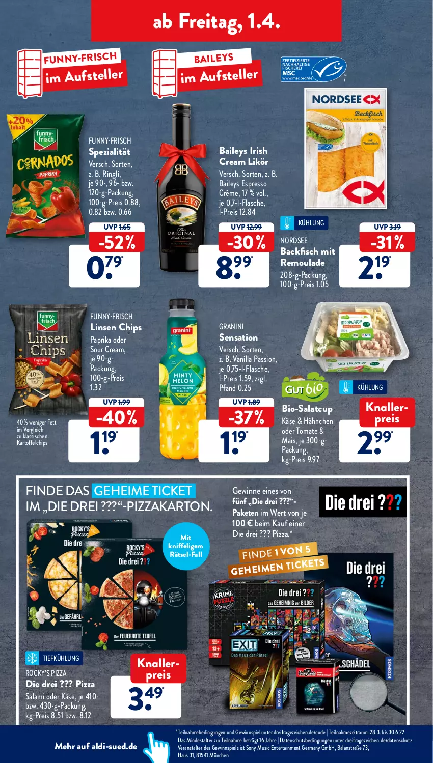 Aktueller Prospekt AldiSud - ALDI Aktuell - von 28.03 bis 02.04.2022 - strona 46 - produkty: aldi, backfisch, baileys, bio, chips, eis, elle, ente, espresso, fisch, flasche, funny-frisch, Germ, gewinnspiel, granini, irish cream, kartoffel, kartoffelchips, Käse, knallerpreis, likör, linsen, mais, Nordsee, paprika, pizza, reis, remoulade, ring, salami, salat, sony, sour cream, Spezi, teller, Ti, tomate