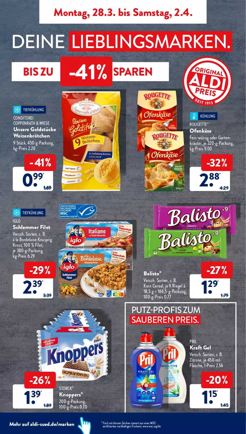 Aktueller Prospekt AldiSud - ALDI Aktuell - von 28.03 bis 02.04.2022 - strona 5 - produkty: à la bordelaise, aldi, balisto, bordelaise, brötchen, coppenrath, eis, filet, fisch, fische, Fischer, flasche, Garten, Goldstücke, iglo, Käse, knoppers, korn, kraft, kräuter, Ofen, Ofenkäse, pril, reis, riegel, rouge, rougette, Schere, storck, Ti, weizenbrötchen, zitrone