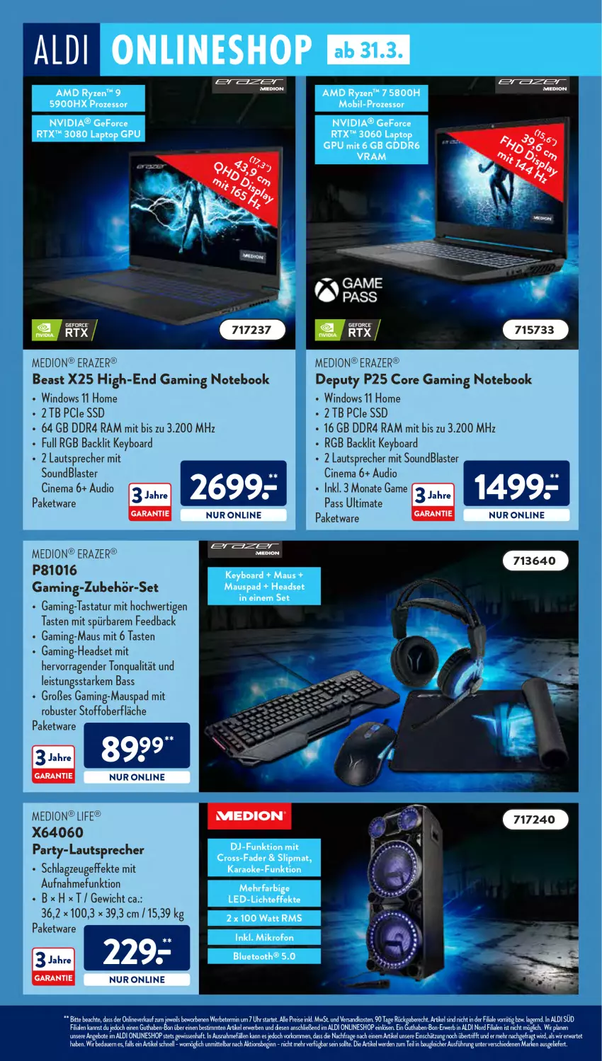 Aktueller Prospekt AldiSud - ALDI Aktuell - von 28.03 bis 02.04.2022 - strona 55 - produkty: aldi, angebot, angebote, auer, Bau, cin, eis, erde, gaming notebook, gaming-headset, geforce, gin, Headset, Laptop, lautsprecher, Maus, medion, ndk, notebook, nvidia, Razer, reis, rtx, rwe, ryzen, ssd, Tastatur, Ti, uhr