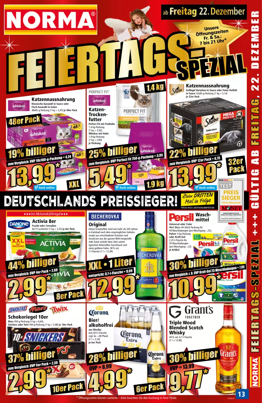 Aktueller Prospekt Norma - Norma - von 18.12 bis 25.12.2023 - strona 13 - produkty: activia, Bad, Becher, Becherovka, blended scotch, cerealien, eis, fisch, flasche, frucht, Geflügel, gelee, gewürz, gin, hero, kraft, kräuter, kräuterlikör, kräutern, likör, mac, mars, Nassnahrung, oder twix, Perfect Fit, reis, rezept, Ria, riegel, sauce, schoko, schokoriegel, scotch, sheba, snickers, Spezi, Ti, truthahn, twix, whiskas, whisky