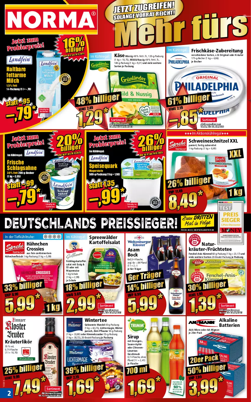 Aktueller Prospekt Norma - Norma - von 18.12 bis 25.12.2023 - strona 2 - produkty: apfel, batterie, batterien, Becher, beutel, bier, Clin, crossies, eis, essig, fenchel, flasche, fleisch, frischkäse, früchte, Früchtetee, gin, Hähnchenfleisch, kartoffel, kartoffelsalat, Käse, kräuter, kräuterlikör, kühlregal, leine, LG, likör, limette, limetten, mac, mandel, mayonnaise, Mett, metten, milch, natur, nuss, oder kräuter, orange, orangen, pflaume, quark, recyclingmaterial, regal, reis, reiss, Ria, sahne, salat, Schal, Schale, schlagsahne, schnitzel, schwein, schweine, schweineschnitzel, sirup, speisequark, spreewälder, tee, Ti, wein, weine, Yo, zitrone, zitronen