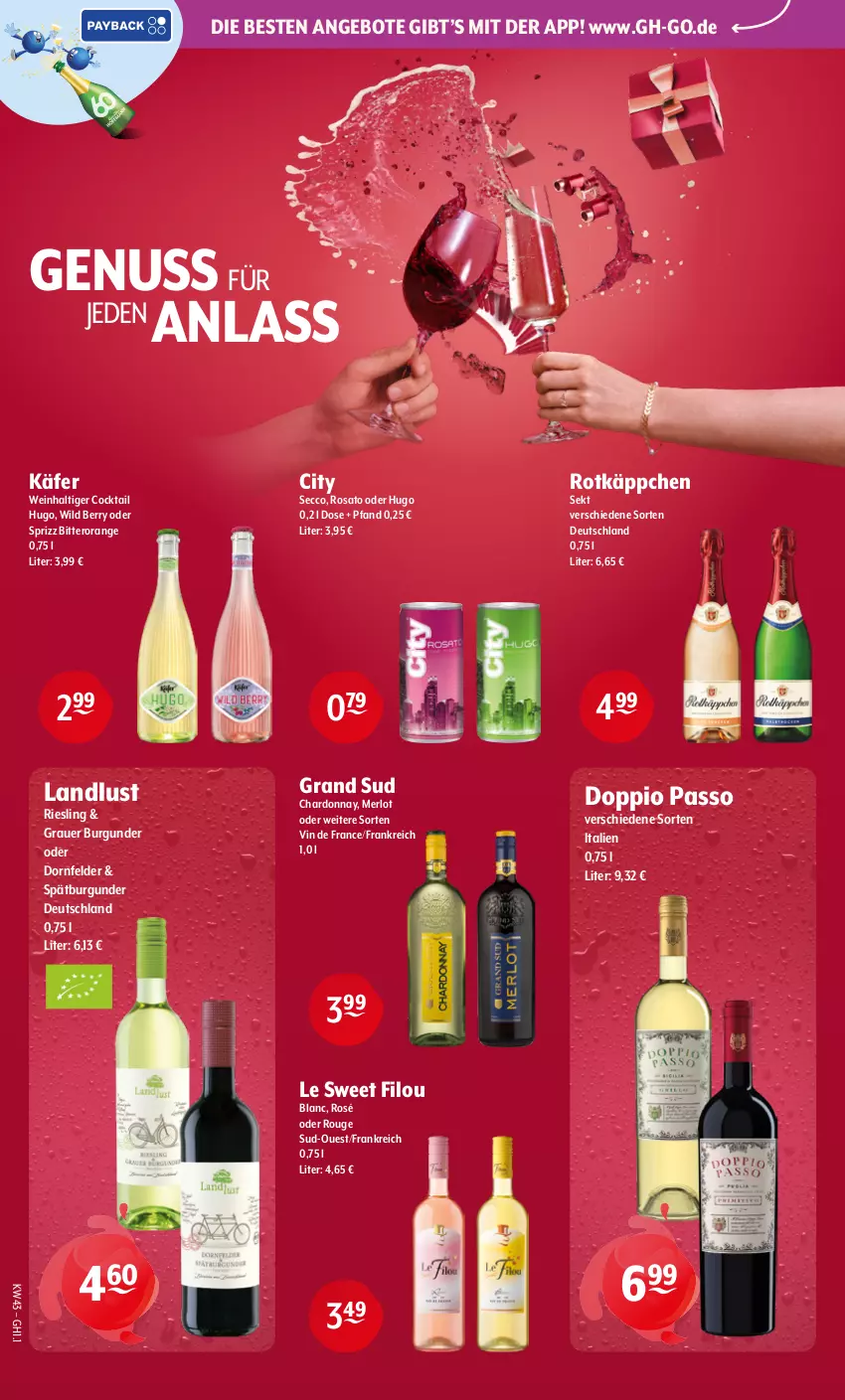 Aktueller Prospekt Getraenke Hoffmann - Prospekte - von 19.10 bis 24.10.2026 - strona 4 - produkty: angebot, angebote, auer, burgunder, chardonnay, cocktail, doppio passo, dornfelder, ecco, grand sud, grauer burgunder, hugo, käfer, merl, merlot, nuss, orange, passo, riesling, rosato, rotkäppchen, rouge, sekt, spätburgunder, Sprizz, Ti, vin de france, wein, Wild, wild berry