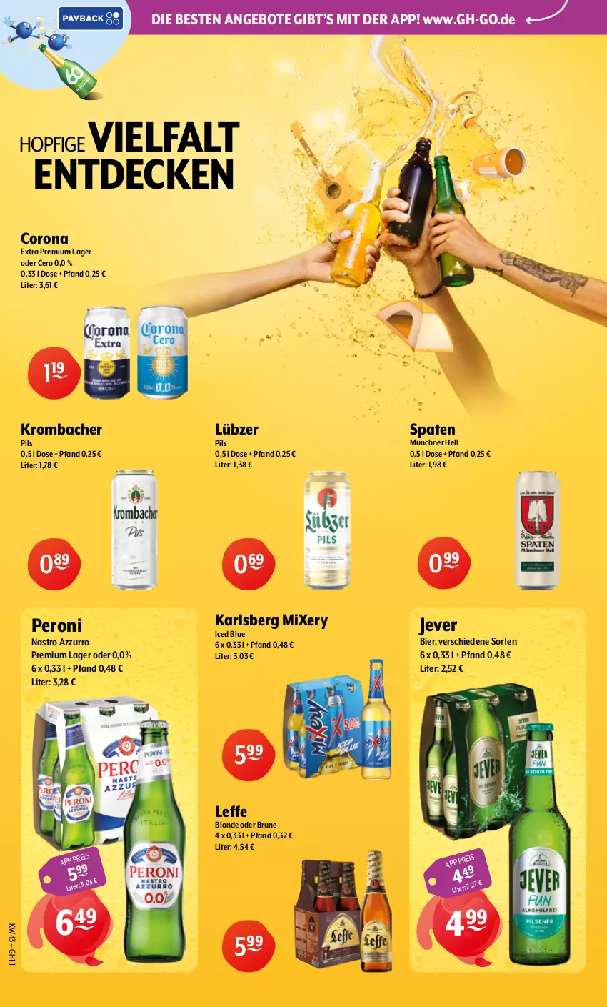 Aktueller Prospekt Getraenke Hoffmann - Prospekte - von 19.10 bis 24.10.2026 - strona 6 - produkty: angebot, angebote, bier, corona, corona extra, decke, eis, jever, karlsberg, karlsberg mixery, krombache, krombacher, krombacher pils, Lübzer, Mixer, mixery, Peroni, pils, Spaten