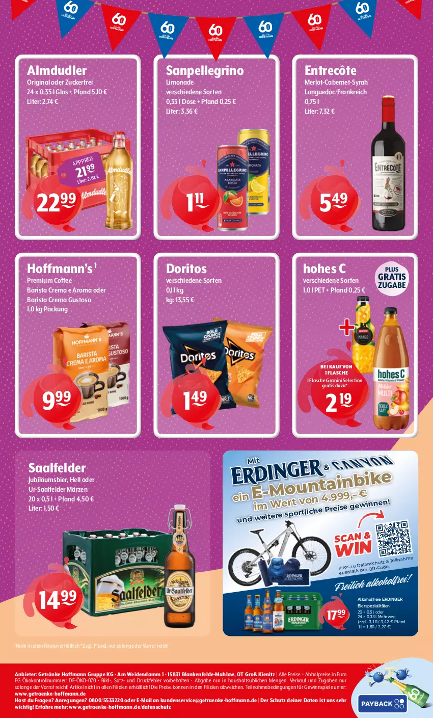 Aktueller Prospekt Getraenke Hoffmann - Prospekte - von 19.10 bis 24.10.2026 - strona 8 - produkty: abholpreise, alkohol, almdudler, bier, bierspezialitäten, cabernet, Doritos, eis, elle, entrecôte, erdinger, flasche, getränk, getränke, gewinnspiel, gin, granini, Hohes C, Jubiläums, limo, limonade, merl, merlot, reis, rwe, Saalfelder, sanpellegrino, Spezi, Spiele, Ti, zucker