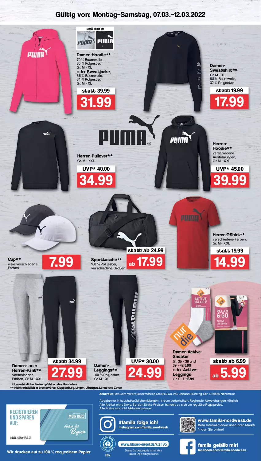 Aktueller Prospekt Famila - Prospekte - von 07.03 bis 12.03.2022 - strona 4 - produkty: auer, Bau, baumwolle, Cap, drucker, eis, elle, Engel, gin, herren-t-shirt, Jacke, kerze, leggings, LG, papier, Pullover, Rauch, regal, reis, rwe, shirt, sneaker, Sport, sporttasche, sweatjacke, Sweatshirt, T-Shirt, Tasche, teller, Ti, wolle