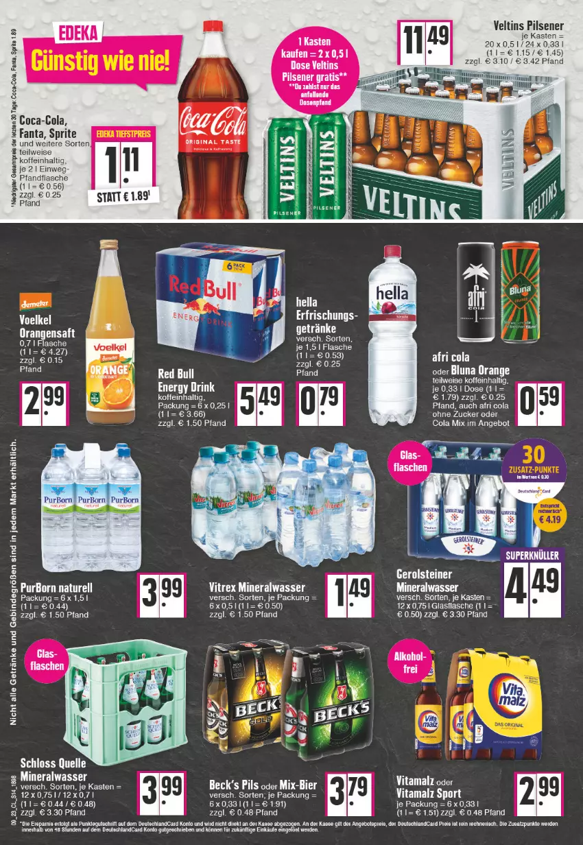 Aktueller Prospekt Edeka - Angebote der Woche - von 27.02 bis 04.03.2023 - strona 14 - produkty: Afri Cola, Alwa, angebot, bier, coca-cola, cola, drink, eis, energy drink, erde, fanta, flasche, gerolsteine, gerolsteiner, getränk, getränke, gin, glasflasche, hella, malz, mineralwasser, natur, orange, orangen, orangensaft, pils, pilsener, reis, rel, saft, Sport, sprite, steiner, tee, Ti, veltins, veltins pilsener, vita, vitamalz, vitrex, wasser, ZTE, zucker