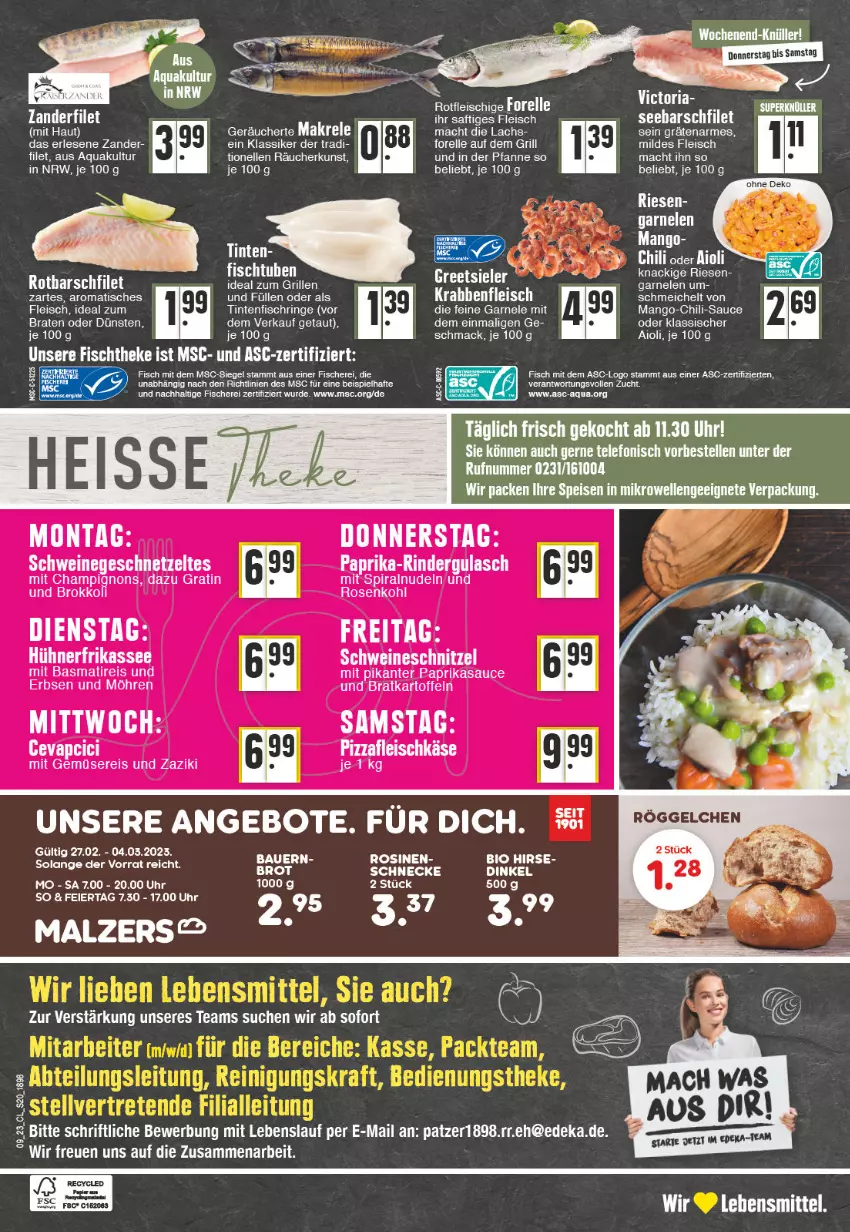 Aktueller Prospekt Edeka - Angebote der Woche - von 27.02 bis 04.03.2023 - strona 20 - produkty: aioli, angebot, angebote, aqua, auer, Bau, Bauer, bio, braten, brokkoli, brot, chili, deka, eier, eis, elle, ente, erbsen, fanta, filet, fisch, fische, Fischer, fischtheke, fleisch, forelle, geschnetzeltes, grill, gulasch, hühner, ideal zum grillen, kartoffel, kartoffeln, lachs, mac, Makrele, mango, mit gemüse, möhren, nerf, nudel, nudeln, papier, paprika, pfanne, reis, rel, rind, rinder, rindergulasch, ring, rosen, Rosenkohl, Rotbarsch, rotbarschfilet, sauce, Schere, schnitzel, schwein, schweine, schweineschnitzel, telefon, Ti, Tintenfischringe, tisch, uhr, wein, weine, Zander, zaziki, Zelt