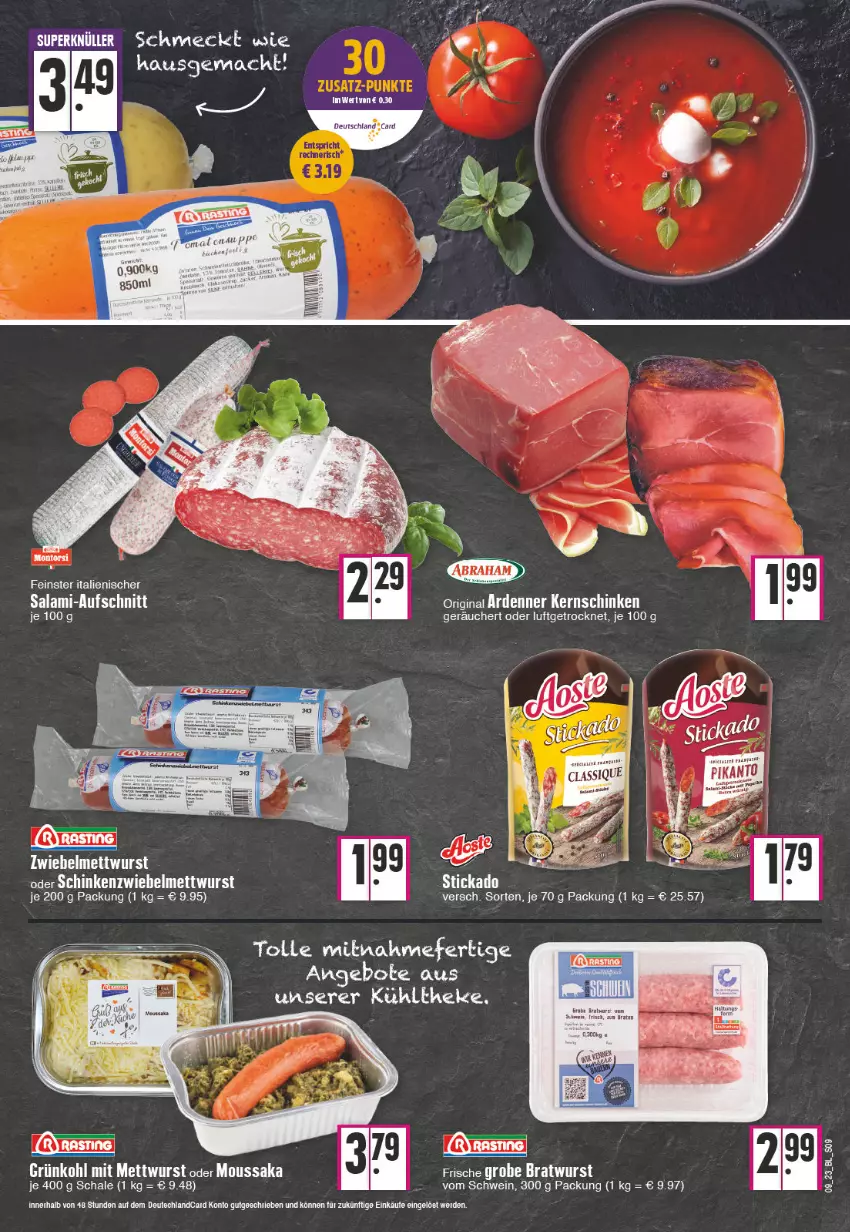 Aktueller Prospekt Edeka - Angebote der Woche - von 27.02 bis 04.03.2023 - strona 9 - produkty: angebot, angebote, aufschnitt, bratwurst, erde, gin, kernschinken, mac, Mett, mettwurst, Moussaka, salami, Schal, Schale, schinken, schwein, stickado, Ti, wein, wurst, zwiebel, zwiebelmettwurst