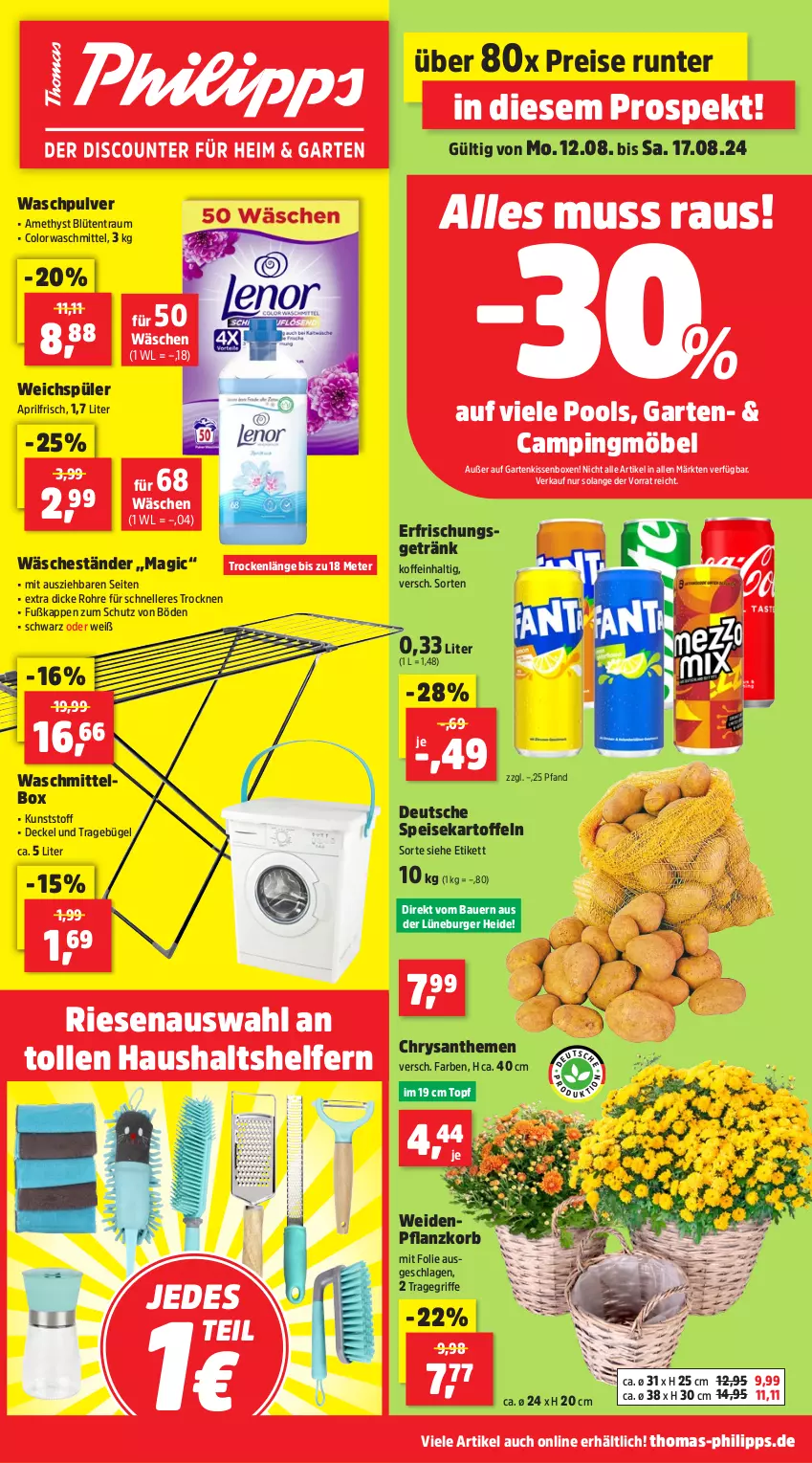 Aktueller Prospekt Thomas Philipps - von 12.08 bis 17.08.2024 - strona 1 - produkty: auer, Bau, Bauer, Blüte, bügel, burger, chrysanthemen, colorwaschmittel, decke, Deckel, eis, elle, erfrischungsgetränk, Garten, getränk, HP, kartoffel, kartoffeln, kissen, korb, möbel, pool, pril, reis, speisekartoffeln, Ti, topf, tragegriff, waschmittel, Waschpulver, weichspüler