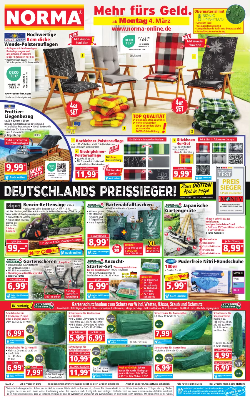 Aktueller Prospekt Norma - Norma - von 04.03 bis 11.03.2024 - strona 1 - produkty: auto, Bank, Bau, baumwolle, Bebe, boss, Brei, eis, elle, erde, fenster, fensterbank, Garten, gartenbank, gartenliege, Gartenschere, Gewächshaus, gin, grill, handschuhe, hohenstein, Holz, Kette, kissen, kokos, kraft, LG, Liege, ndk, pflaume, rasen, rasenmäher, reis, reiss, Ria, ring, säge, Schere, schirme, schuhe, sessel, sitzkissen, sonnenliege, sonnenschirm, Stühl, Tasche, taschen, Ti, tisch, tragegriff, wasser, werkzeug, wolle