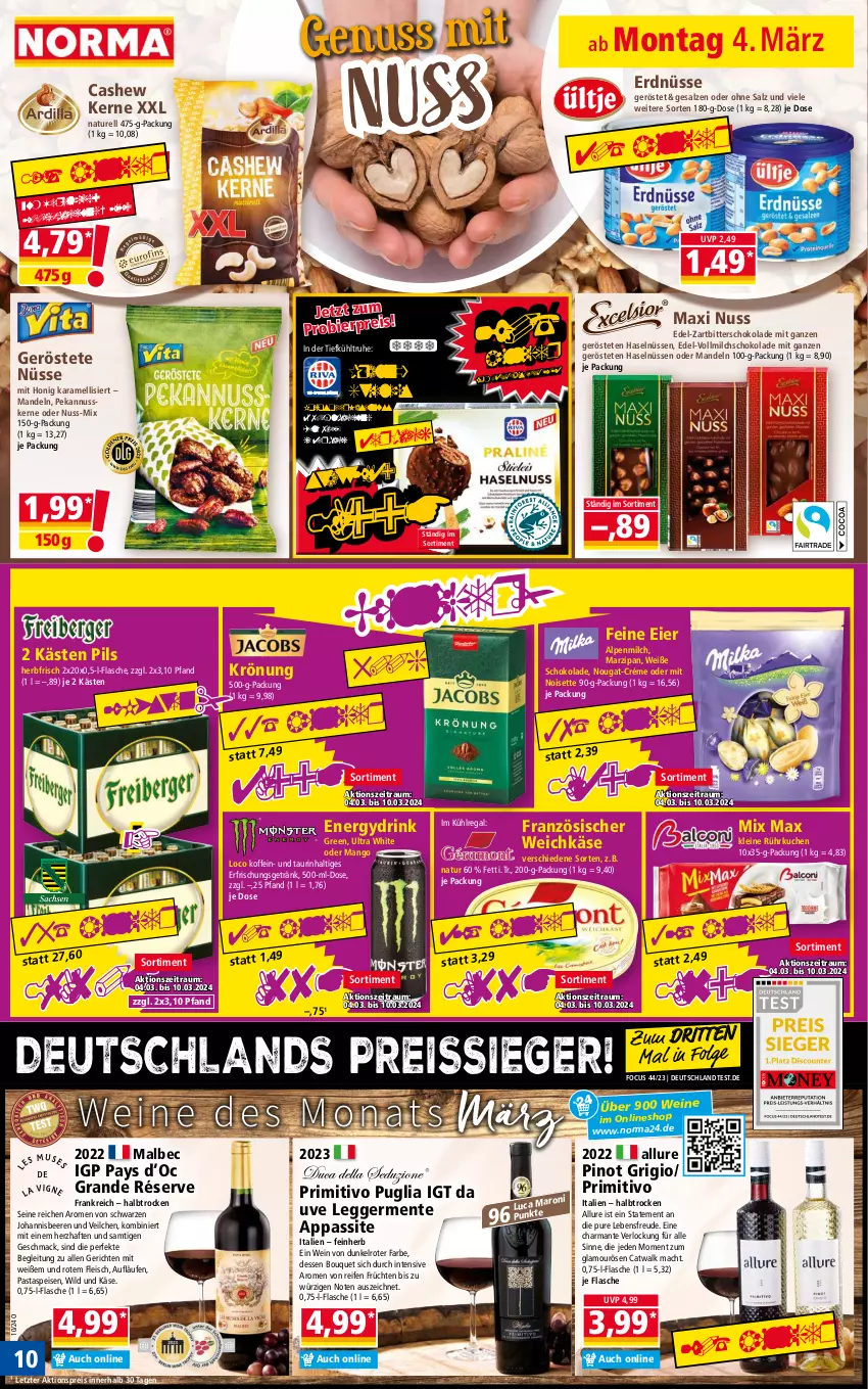 Aktueller Prospekt Norma - Norma - von 04.03 bis 11.03.2024 - strona 10 - produkty: aktionspreis, alpenmilch, beere, beeren, bier, Cashew, drink, Egger, eier, eis, ente, erdnüsse, erfrischungsgetränk, flasche, fleisch, französischer weichkäse, früchte, früchten, Germ, getränk, harman, haselnuss, honig, johannisbeere, Johannisbeeren, karamell, Käse, kokos, kuchen, kühlregal, leine, LG, mac, mandel, mandeln, mango, marzipan, milch, natur, nuss, pasta, pils, Pinot, pinot grigio, primitivo, regal, reifen, reis, reiss, rel, salz, schoko, schokolade, stieleis, Ti, vollmilch, weichkäse, wein, weine, Weiße Schokolade, Wild, Zartbitterschokolade, ZTE