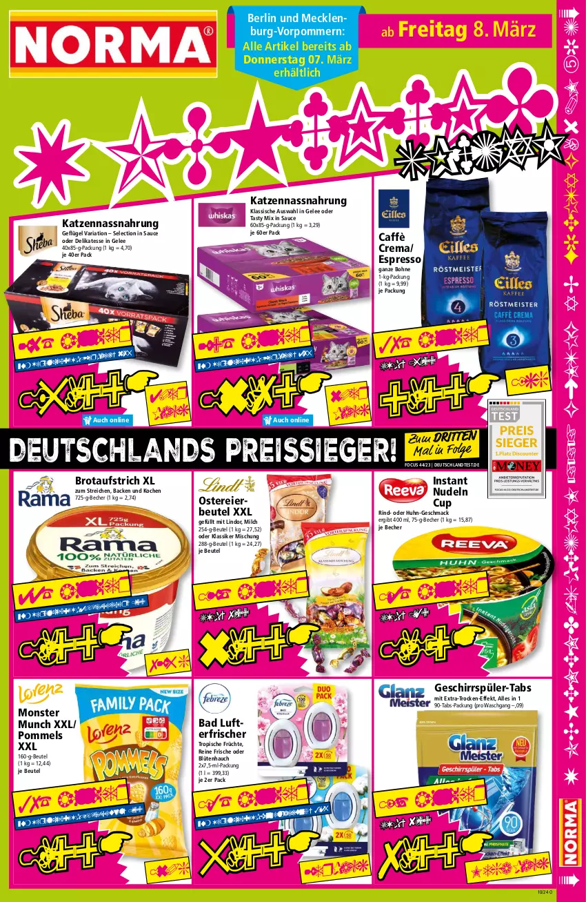 Aktueller Prospekt Norma - Norma - von 04.03 bis 11.03.2024 - strona 17 - produkty: aufstrich, Bad, Becher, beutel, Blüte, bohne, brot, brotaufstrich, caffè crema, eier, eis, espresso, früchte, Geflügel, gelee, geschirr, geschirrspüler, LG, lindor, lufterfrischer, mac, milch, monster, Nassnahrung, nudel, nudeln, Pommels, reis, reiss, Ria, rind, sauce, Ti