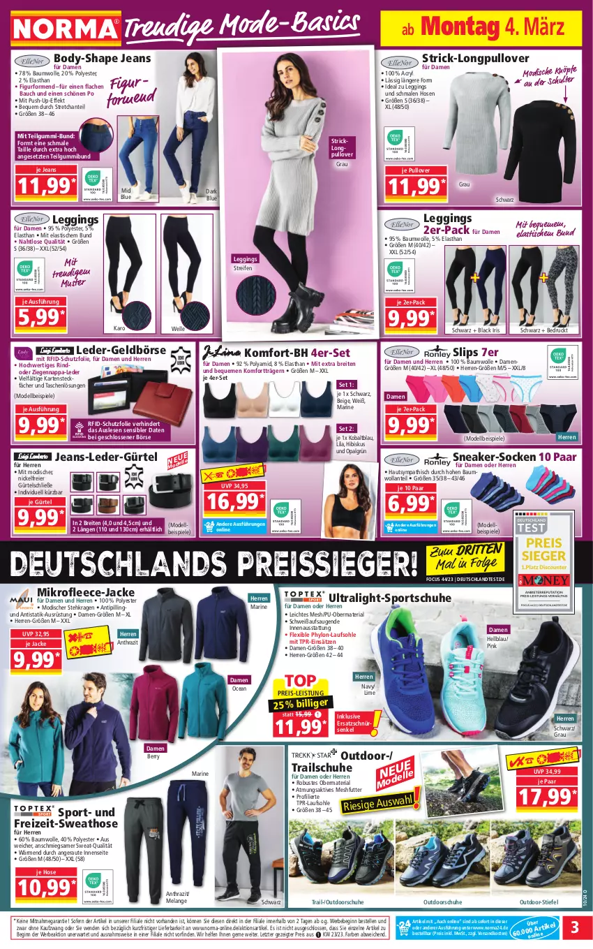 Aktueller Prospekt Norma - Norma - von 04.03 bis 11.03.2024 - strona 3 - produkty: asti, Bau, baumwolle, Bebe, body, Brei, dell, eier, eis, Elan, elle, Geldbörse, gin, hose, hosen, Hylo, Jacke, jeans, lack, leggings, LG, Mode, ndk, Pullover, Push-up, reifen, reis, reiss, Ria, rind, schuhe, slip, slips, sneaker, socken, Spiele, Sport, sportschuhe, Sweathose, Tasche, taschen, Ti, Tipi, tisch, wolle, ZTE