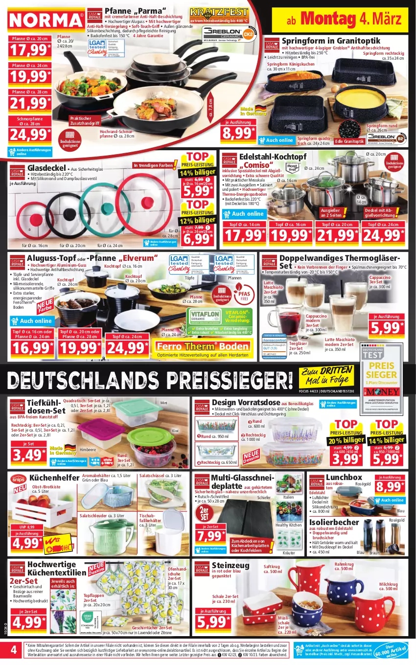 Aktueller Prospekt Norma - Norma - von 04.03 bis 11.03.2024 - strona 4 - produkty: ACC, arbeitsplatte, backofen, Bau, baumwolle, Bebe, Becher, beere, Behälter, braun, brot, Cap, cappuccino, chia, cin, creme, decke, Deckel, edelstahl, eis, elle, ente, geschirr, geschirrtuch, geschirrtücher, getränk, getränke, gin, Glasdeckel, Gläser, handschuhe, himbeer, himbeere, isolierbecher, kiwi, kochfeld, Kochtopf, kräuter, küche, kuchen, Küchen, Küchenhelfer, latte, latte macchiato, lavendel, LG, lunchbox, mab, mac, macchiato, Mantel, mikrowelle, milch, mint, Mode, müsli, Müslischale, ndk, obst, Ofen, pfanne, pfannen, Pfau, quad, Reinigung, reis, reiss, ring, rum, saft, salat, Schal, Schale, schmorpfanne, schuhe, schüssel, Spezi, Springform, spülmaschinen, tee, Thermogläser, Ti, tisch, topf, tuc, tücher, vita, wolle, zitrone, ZTE