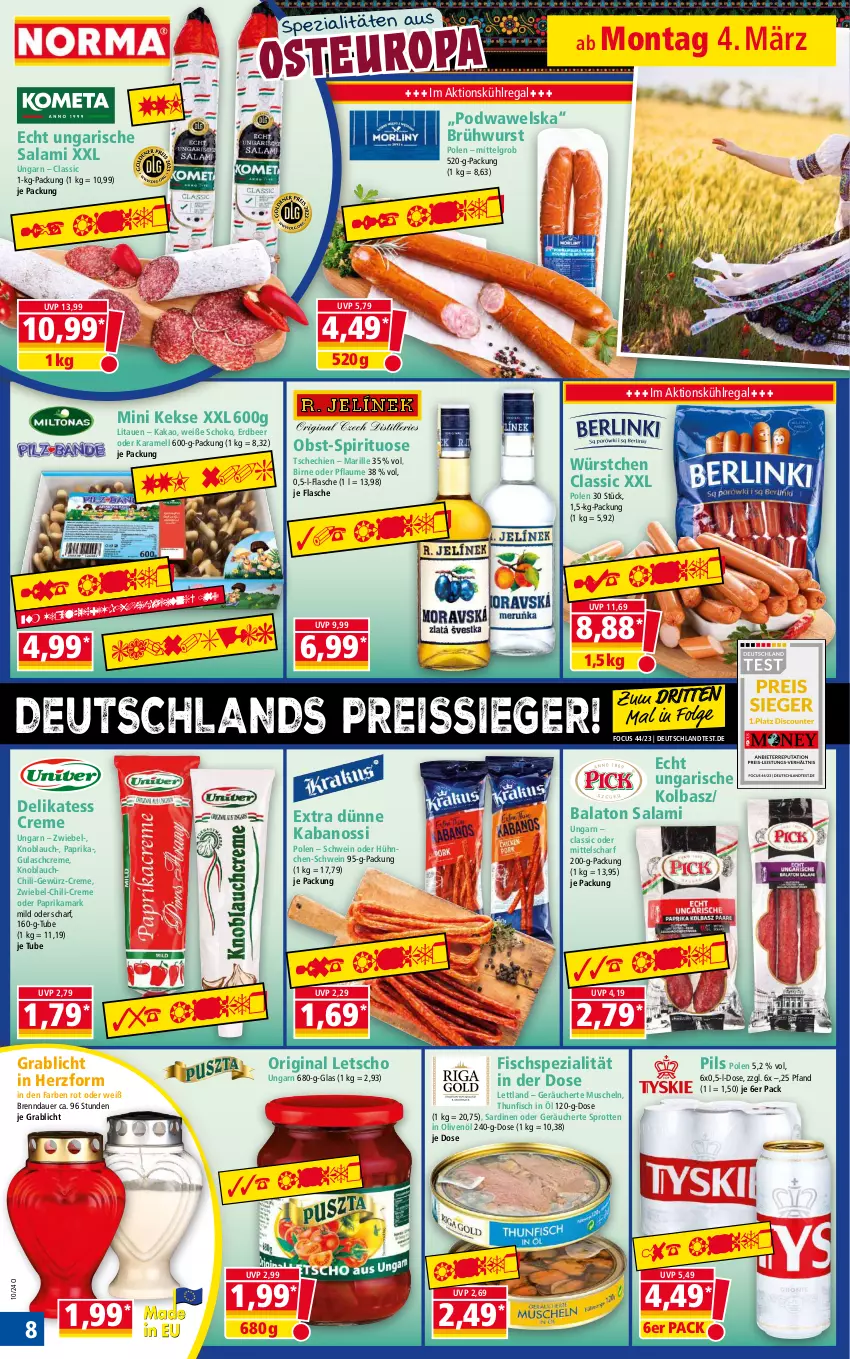 Aktueller Prospekt Norma - Norma - von 04.03 bis 11.03.2024 - strona 8 - produkty: auer, Balaton, Brühwurst, chili, creme, eis, fisch, flasche, gewürz, gin, gulasch, Gulaschcreme, in olivenöl, kabanos, kakao, karamell, keks, kekse, knoblauch, kühlregal, Letscho, LG, Muscheln, obst, olive, oliven, olivenöl, paprika, pflaume, pils, regal, reis, reiss, salami, Sardinen, schoko, schwein, Spezi, Sprotten, thunfisch, Ti, Ungarische Salami, wein, Wels, wurst, würstchen, zwiebel