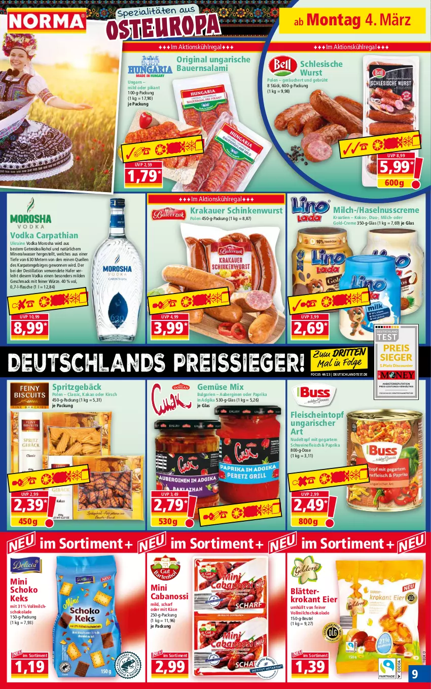 Aktueller Prospekt Norma - Norma - von 04.03 bis 11.03.2024 - strona 9 - produkty: alkohol, Alwa, aubergine, auberginen, auer, Bau, Bauer, beutel, Cabanossi, creme, eier, eintopf, eis, elle, flasche, fleisch, Gemüse Mix, gin, hafer, haselnuss, Haselnusscreme, kakao, Käse, keks, kirsch, kokos, krakauer, kühlregal, LG, mac, milch, mineralwasser, nudel, nuss, paprika, regal, reis, reiss, rwe, salami, schinken, schinkenwurst, schoko, schokolade, schwein, schweine, schweinefleisch, Spezi, Ti, topf, vodka, vollmilch, wasser, wein, weine, wurst