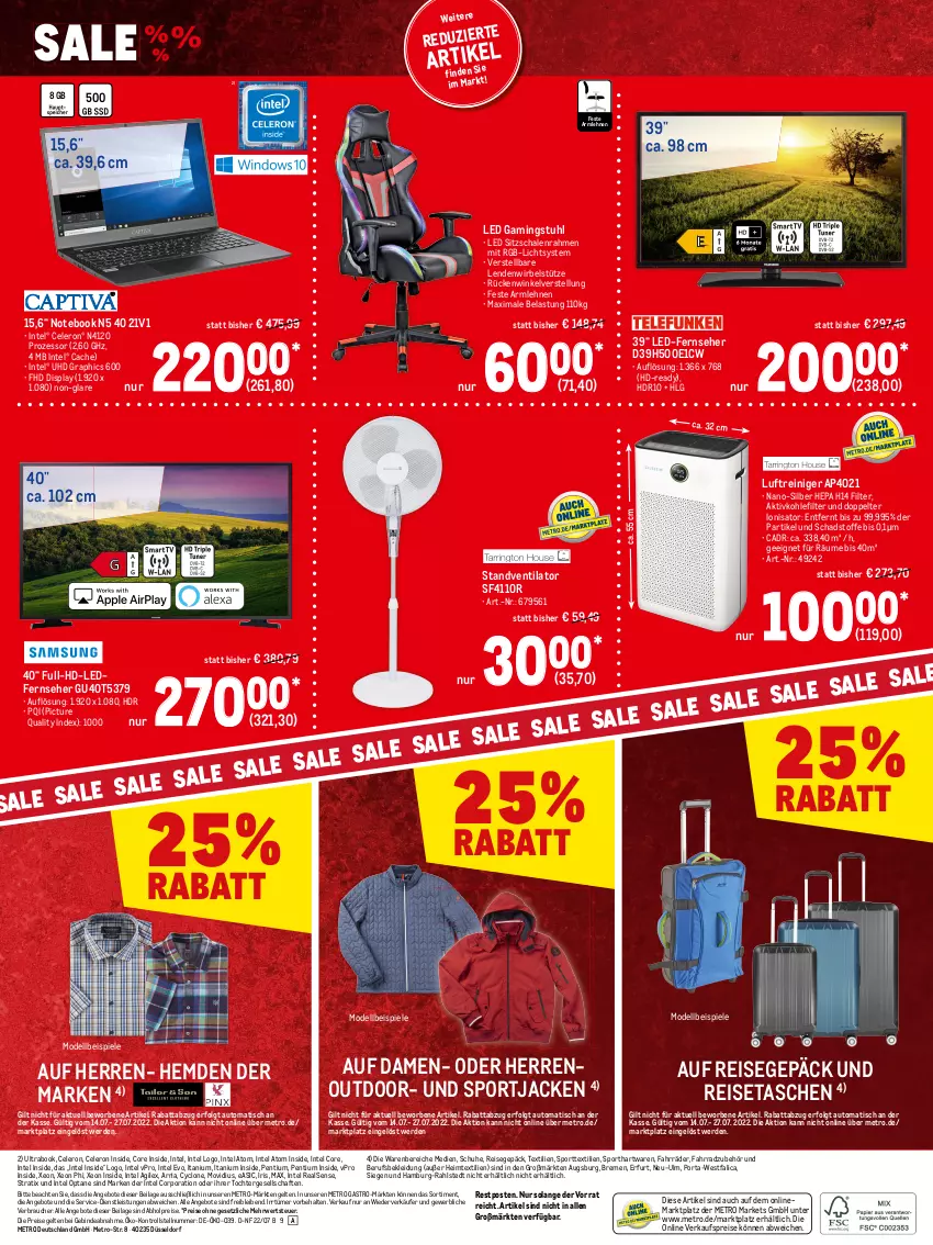 Aktueller Prospekt Metro - Sale Spezial - von 14.07 bis 27.07.2022 - strona 12 - produkty: abholpreise, angebot, angebote, armlehnen, auto, celeron, dell, eis, erde, Fahrrad, fernseher, HD Graphics, heimtextilien, hemd, hemden, ilag, Intel, Jacke, kleid, Kleidung, LG, Luftreiniger, Metro, metro gastro, Mode, notebook, Pentium, Rauch, reiniger, reis, reisetasche, Ria, rwe, Schal, Schale, schuhe, Spiele, Sport, standventilator, stuhl, Tasche, taschen, Ti, tisch, uhd, ventilator