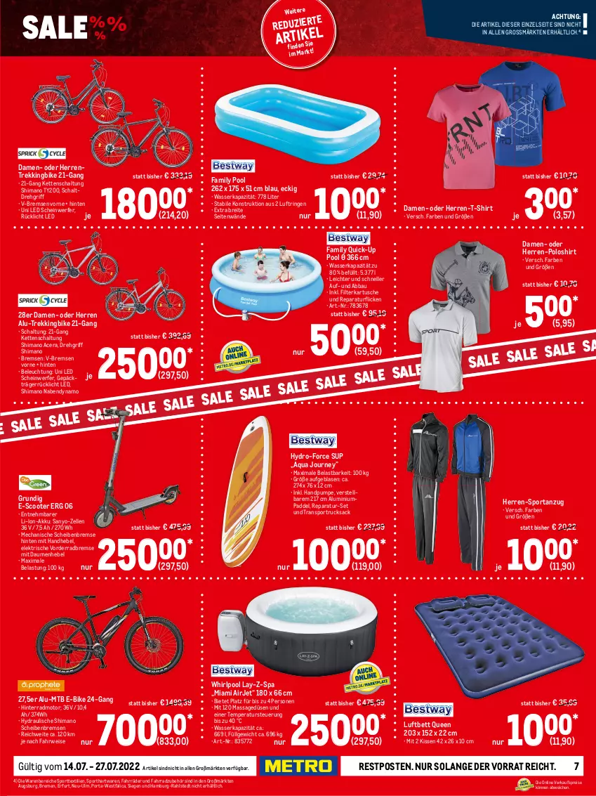 Aktueller Prospekt Metro - Sale Spezial - von 14.07 bis 27.07.2022 - strona 7 - produkty: Abba, acer, akku, Anzug, aqua, auer, Bau, beleuchtung, bett, Brei, briketts, E-Bike, edelstahl, eis, elle, Fahrrad, family pool, feuerschale, gasgrill, grill, grillbriketts, grillplatte, grillrost, grundig, herren-polo, herren-t-shirt, Holz, holzkohle, holzkohlegrill, Kette, kissen, Kohlegrill, latte, LG, li-ion-akku, luftbett, nabendynamo, poloshirt, pool, Reinigung, reis, ring, rücklicht, rucksack, rwe, sac, Säulengrill, Schal, Schale, scooter, shimano, shirt, Sport, T-Shirt, teller, Ti, wasser, Whirlpool, Yo