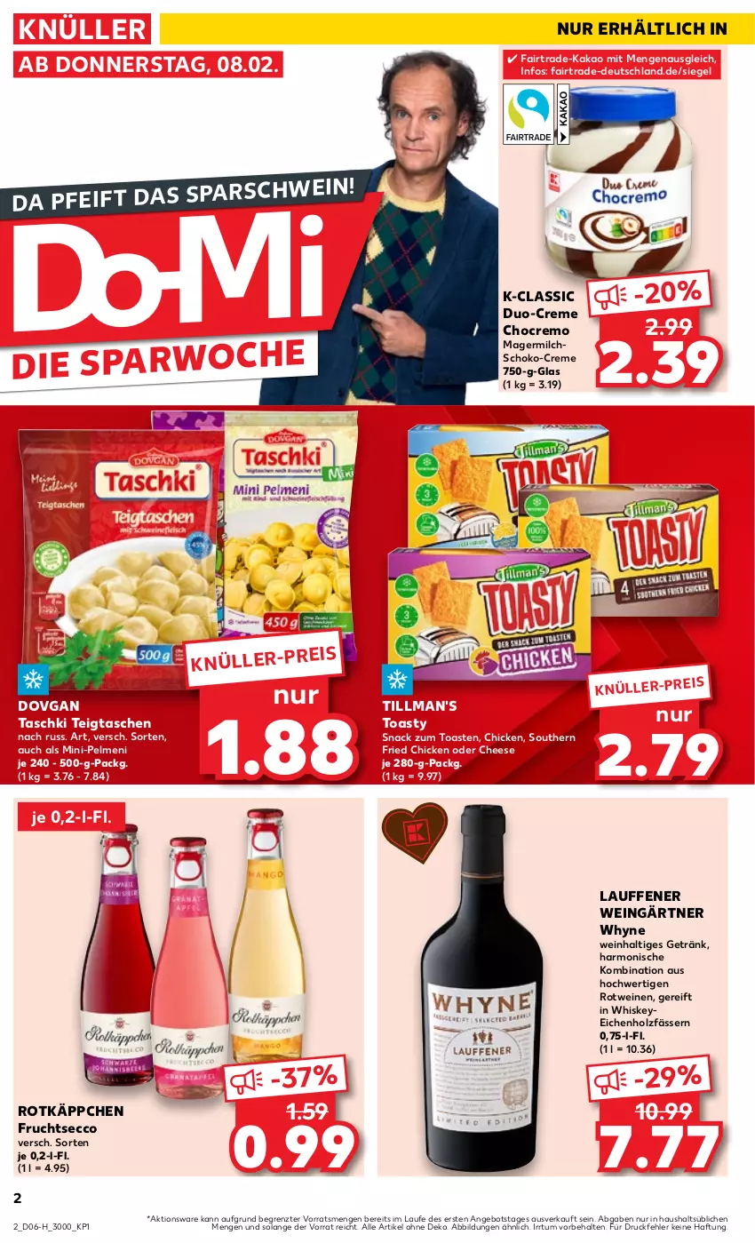 Aktueller Prospekt Kaufland - Extra-Angebote - von 08.02 bis 14.02.2024 - strona 2 - produkty: angebot, creme, dovgan, ecco, eis, frucht, fruchtsecco, Germ, getränk, Holz, kakao, milch, pelmeni, rotkäppchen, rotwein, schoko, snack, Tasche, taschen, taschki, Ti, Tillman's, toast, toasty, wein, weine, whiskey, ZTE