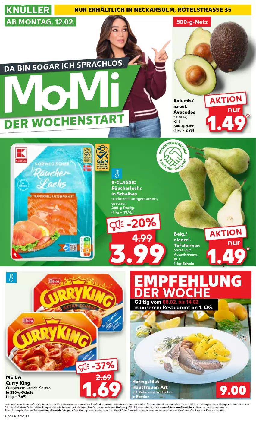 Aktueller Prospekt Kaufland - Extra-Angebote - von 08.02 bis 14.02.2024 - strona 8 - produkty: angebot, angebote, avocado, avocados, Birnen, curry, currywurst, erde, filet, hering, Herings, kartoffel, kartoffeln, lachs, LG, meica, petersilie, Räucherlachs, ring, salz, Schal, Schale, tafelbirnen, Ti, wurst, ZTE