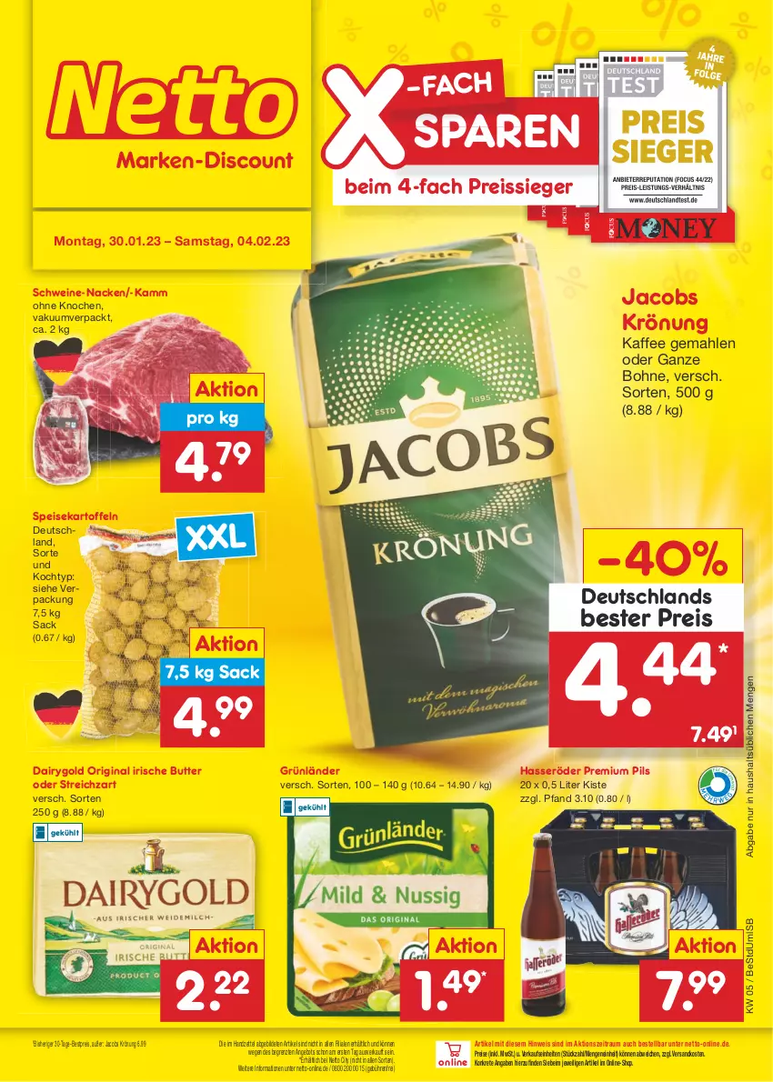 Aktueller Prospekt Netto Marken-Discount - Filial-Angebote - von 30.01 bis 04.02.2023 - strona 1 - produkty: angebot, bestpreis, bohne, butter, Dairygold, eis, gin, grünländer, hasseröder, irische butter, jacobs, jacobs krönung, kaffee, kartoffel, kartoffeln, ndk, pils, premium pils, reis, reiss, sac, schwein, schweine, speisekartoffeln, Streichzart, Ti, wein, weine, ZTE