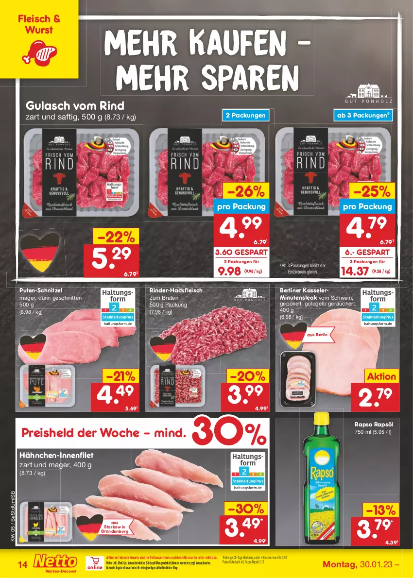 Aktueller Prospekt Netto Marken-Discount - Filial-Angebote - von 30.01 bis 04.02.2023 - strona 14 - produkty: berliner, bestpreis, braten, eis, filet, fleisch, gulasch, hackfleisch, kasseler, ndk, pute, rapso, rapsöl, reis, rind, rinder, rinder-hackfleisch, saft, schnitten, schnitzel, schwein, steak, Ti, wein, wurst