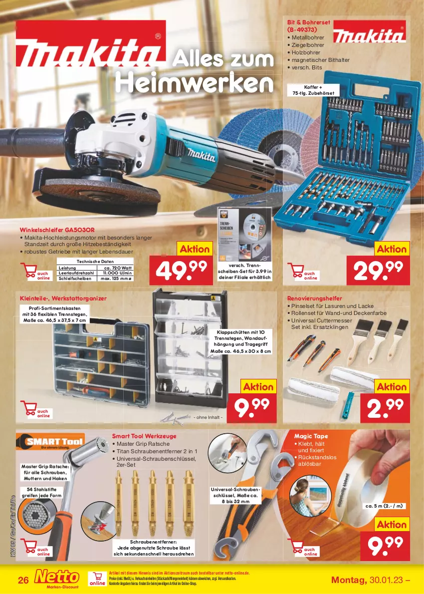 Aktueller Prospekt Netto Marken-Discount - Filial-Angebote - von 30.01 bis 04.02.2023 - strona 26 - produkty: auer, Bohrerset, decke, eis, Holz, koffer, lack, Lacke, LG, Makita, messer, ndk, Pinsel, Pinselset, reifen, reis, schrauben, stifte, Ti, tisch, tragegriff, werkzeug, werkzeuge, Winkelschleifer, ZTE