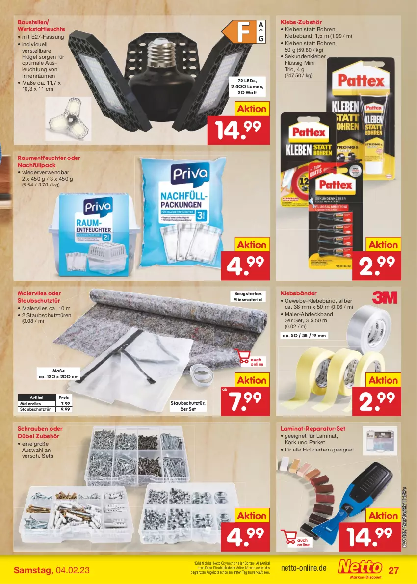 Aktueller Prospekt Netto Marken-Discount - Filial-Angebote - von 30.01 bis 04.02.2023 - strona 27 - produkty: angebot, aust, Bau, Beba, eis, elle, Holz, kleber, laminat, leds, Leuchte, reis, Ria, rwe, schrauben, Ti, ZTE