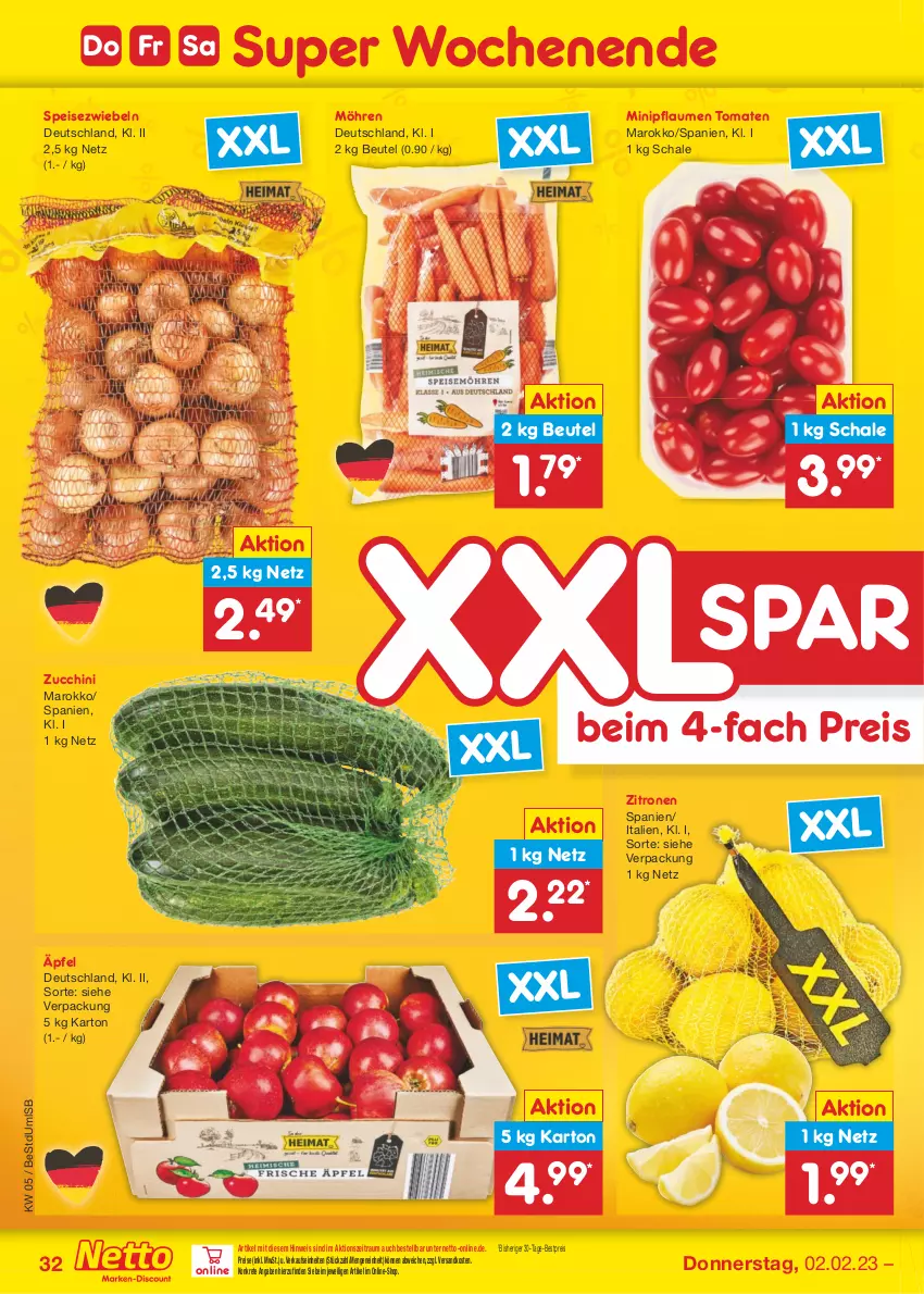 Aktueller Prospekt Netto Marken-Discount - Filial-Angebote - von 30.01 bis 04.02.2023 - strona 32 - produkty: bestpreis, beutel, eis, möhren, ndk, pflaume, pflaumen, reis, Schal, Schale, Speisezwiebeln, Ti, tomate, tomaten, zitrone, zitronen, zucchini, zwiebel, zwiebeln