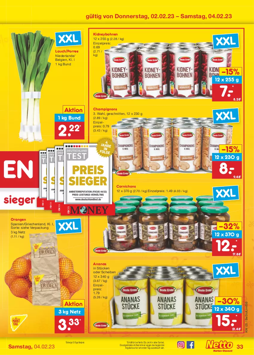 Aktueller Prospekt Netto Marken-Discount - Filial-Angebote - von 30.01 bis 04.02.2023 - strona 33 - produkty: ananas, angebot, bestpreis, bohne, bohnen, champignon, champignons, eis, kidney, LG, orange, orangen, reis, schnitten, Ti, ZTE