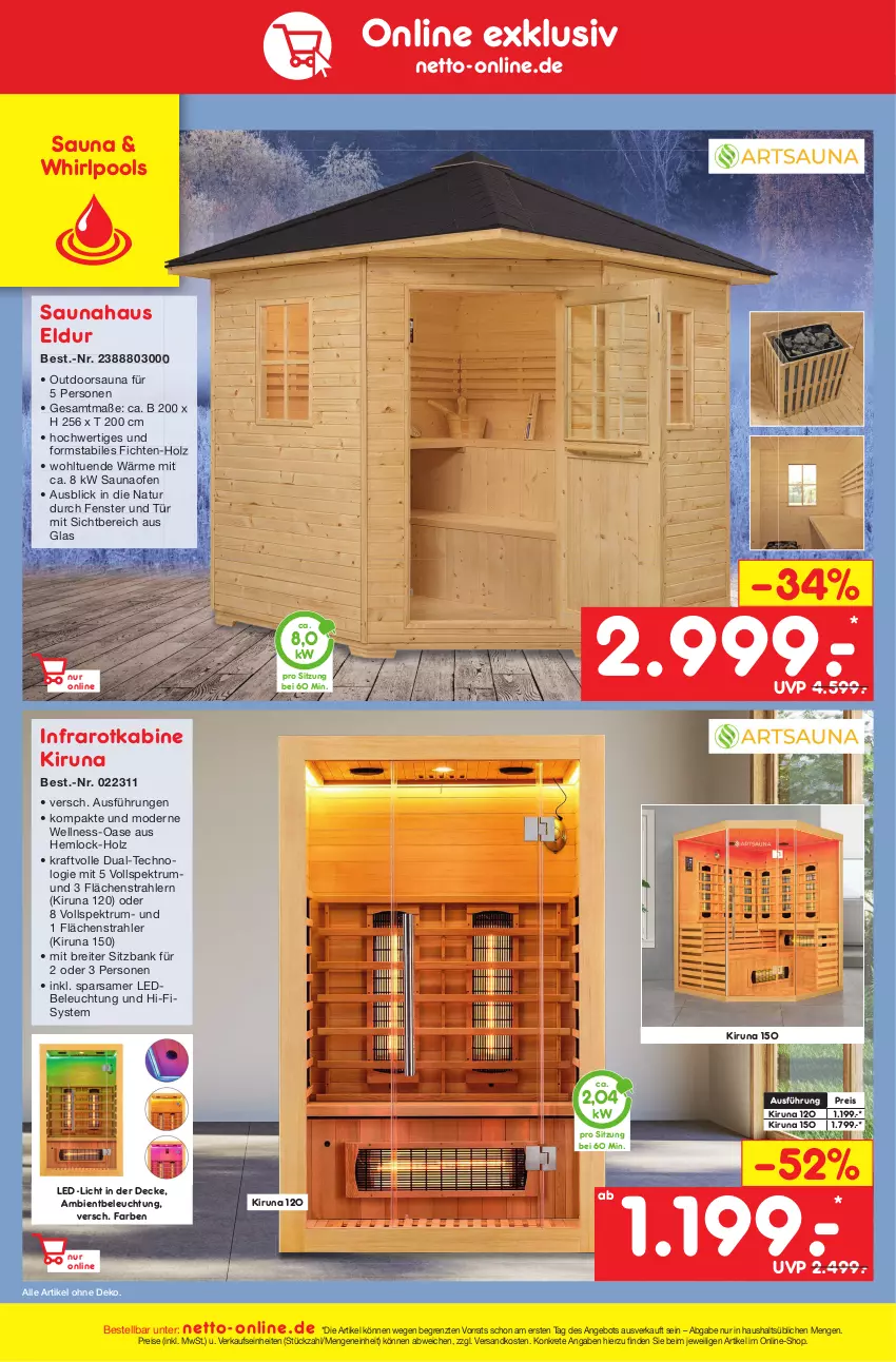 Aktueller Prospekt Netto Marken-Discount - Filial-Angebote - von 30.01 bis 04.02.2023 - strona 44 - produkty: angebot, Bank, beleuchtung, Brei, decke, eis, fenster, Holz, kraft, led-licht, Mode, natur, ndk, Ofen, pool, reis, rum, sitzbank, Spektrum, Ti, usb, Whirlpool, ZTE