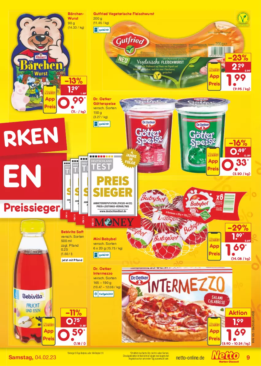 Aktueller Prospekt Netto Marken-Discount - Filial-Angebote - von 30.01 bis 04.02.2023 - strona 9 - produkty: angebot, babybel, bebivita, bestpreis, Dr. Oetker, eis, fleisch, fleischwurst, götterspeise, gutfried, intermezzo, mini babybel, reis, reiss, saft, Ti, Vegeta, vita, wurst, ZTE