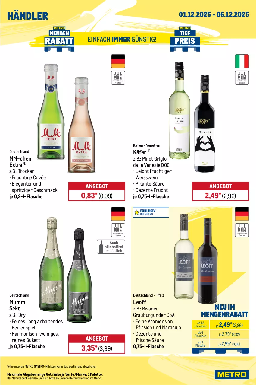 Aktueller Prospekt Metro - Wochen-Angebote Händler - von 01.11 bis 06.12.2025 - strona 6 - produkty: angebot, bohne, bohnen, burgunder, caffè crema, cuvée, dell, eis, elle, ente, flasche, frucht, getränk, getränke, grauburgunder, jacobs, jacobs krönung, käfer, kaffee, lavazza, mac, maracuja, Metro, metro gastro, Muffin, muffins, mumm, Palette, perlen, pfirsich, Pinot, pinot grigio, reis, Rivaner, sahne, sekt, Ti, tiefpreis, wein, zucker