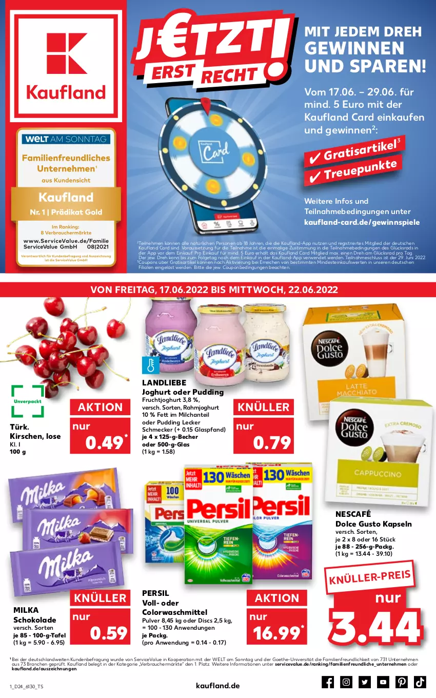 Aktueller Prospekt Kaufland - von 16.06 bis 22.06.2022 - strona 1 - produkty: Becher, colorwaschmittel, coupon, coupons, die kaufland, dolce gusto, eis, erde, frucht, fruchtjoghurt, gewinnspiel, joghur, joghurt, kirsch, kirsche, kirschen, landliebe, landliebe joghurt, LG, milch, milka, milka schokolade, Nescafé, persil, pudding, rahmjoghurt, Rauch, rwe, schoko, schokolade, Spiele, Ti, waschmittel