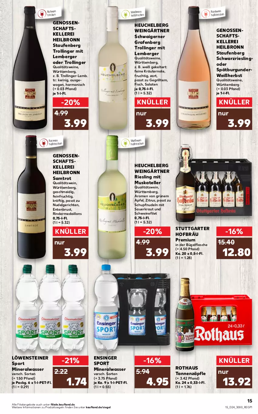 Aktueller Prospekt Kaufland - von 16.06 bis 22.06.2022 - strona 15 - produkty: Alwa, angebot, angebote, apfel, auer, Berger, bügel, bügelflasche, burgunder, elle, ente, Entenbrust, filet, fisch, flasche, frucht, grill, Heu, Kraut, kräuter, kräutern, LG, medaillons, mineralwasser, nudel, Nudelgericht, nudeln, qualitätswein, qualitätsweine, riesling, rind, rinder, roséwein, rotwein, rwe, salat, salate, Sauerkraut, schwarzriesling, schwein, schweine, schweinefilet, spätburgunder, Sport, steiner, teller, Ti, trolli, trollinger, wasser, wein, weine, Weißwein