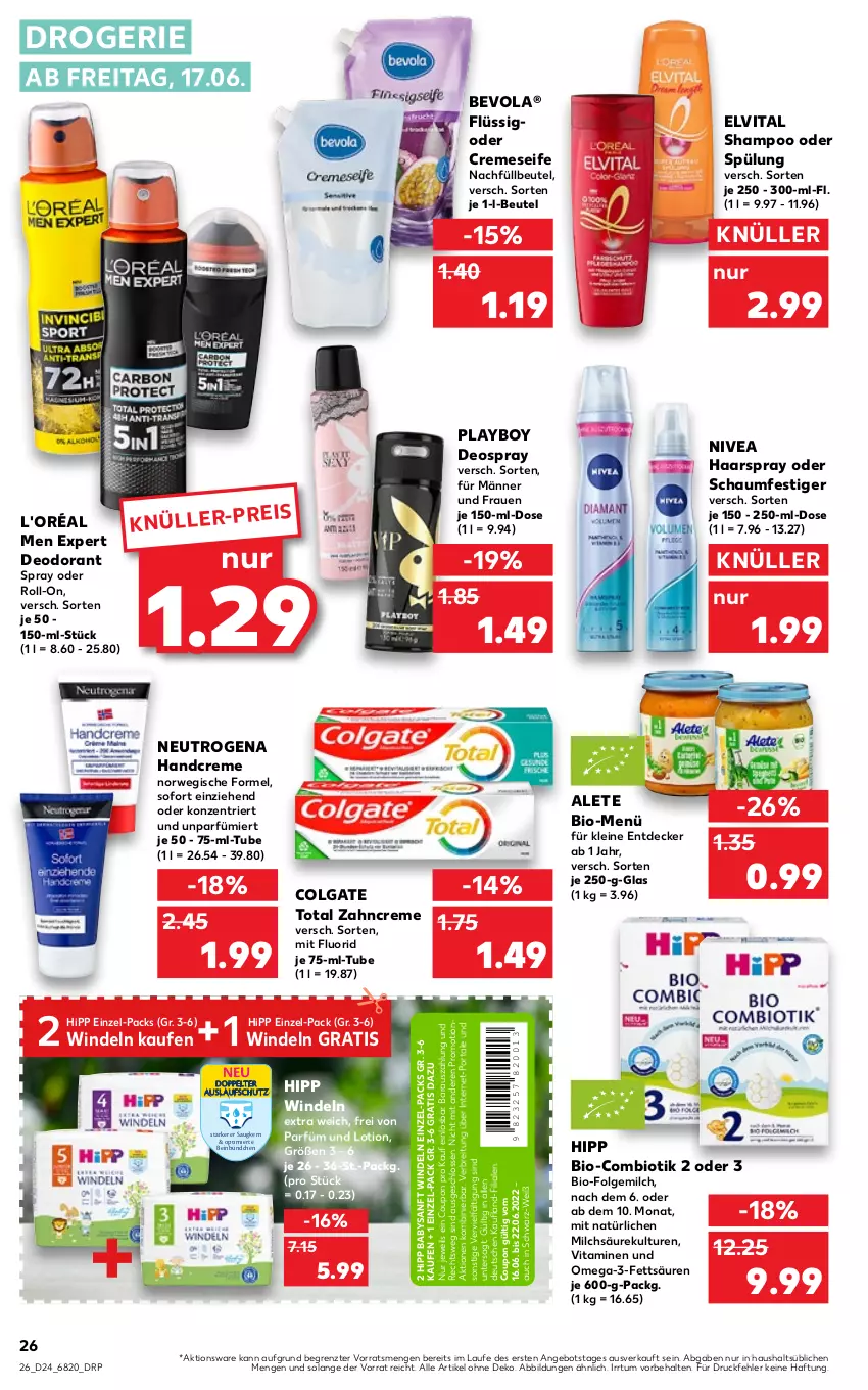 Aktueller Prospekt Kaufland - von 16.06 bis 22.06.2022 - strona 26 - produkty: angebot, beutel, bio, Brei, colgate, colgate total, coupon, creme, cremeseife, decke, deo, deodorant, deospray, eis, elvital, folgemilch, haarspray, handcreme, hipp, leine, LG, Lotion, milch, neutrogena, nivea, oder schaumfestiger, omega, Omega-3, Playboy, roll-on, rwe, schaumfestiger, Seife, shampoo, shampoo oder spülung, spülung, Ti, vita, Vitamine, windeln, zahncreme, ZTE