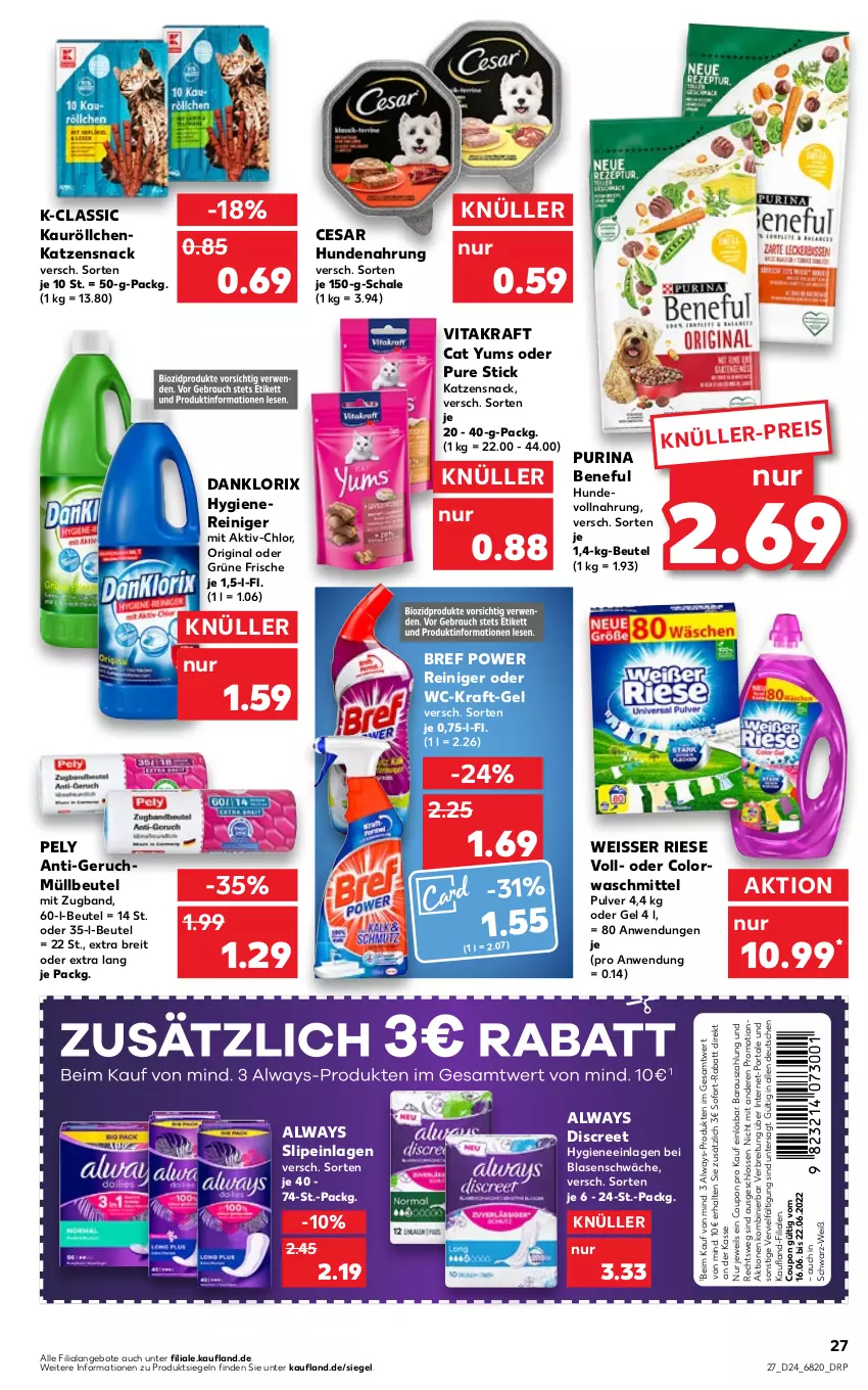 Aktueller Prospekt Kaufland - von 16.06 bis 22.06.2022 - strona 27 - produkty: Alwa, Always, angebot, angebote, beutel, Bref, bref power, Brei, colorwaschmittel, coupon, danklorix, Discreet, eis, gin, hundenahrung, katzensnack, kraft, müllbeutel, pely, purina, reiniger, Schal, Schale, slip, slipeinlagen, snack, sofort-rabatt, Ti, vita, vitakraft, waschmittel, Weisser Riese