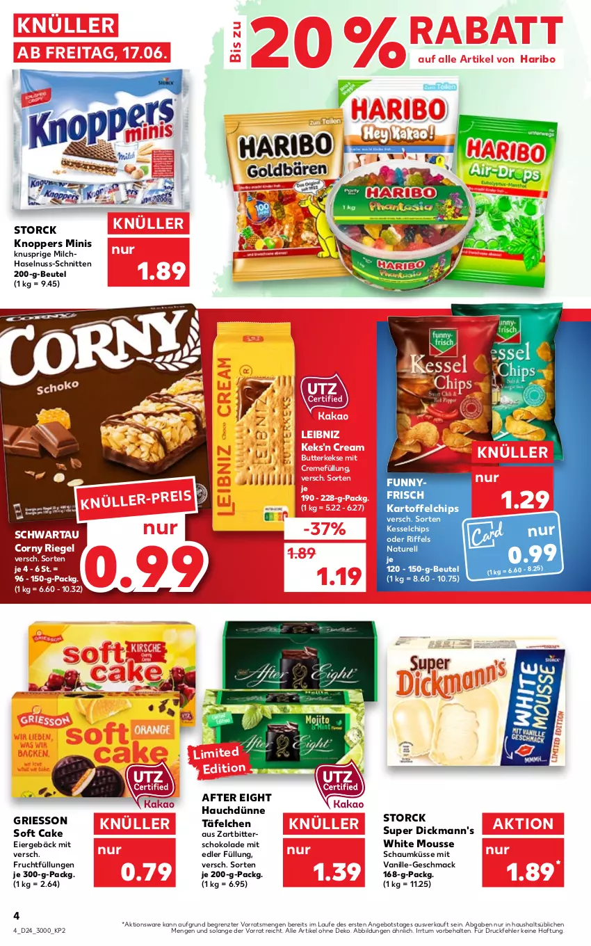 Aktueller Prospekt Kaufland - von 16.06 bis 22.06.2022 - strona 4 - produkty: after eight, angebot, beutel, butter, butterkeks, chips, corny, creme, Dickmann's, eier, eis, frucht, griesson, haribo, haselnuss, kartoffel, kartoffelchips, keks, kekse, knoppers, leibniz, mac, milch, mousse, natur, nuss, rel, riegel, schnitten, schoko, schokolade, Schwartau, storck, Ti, vanille, Zartbitterschokolade, ZTE