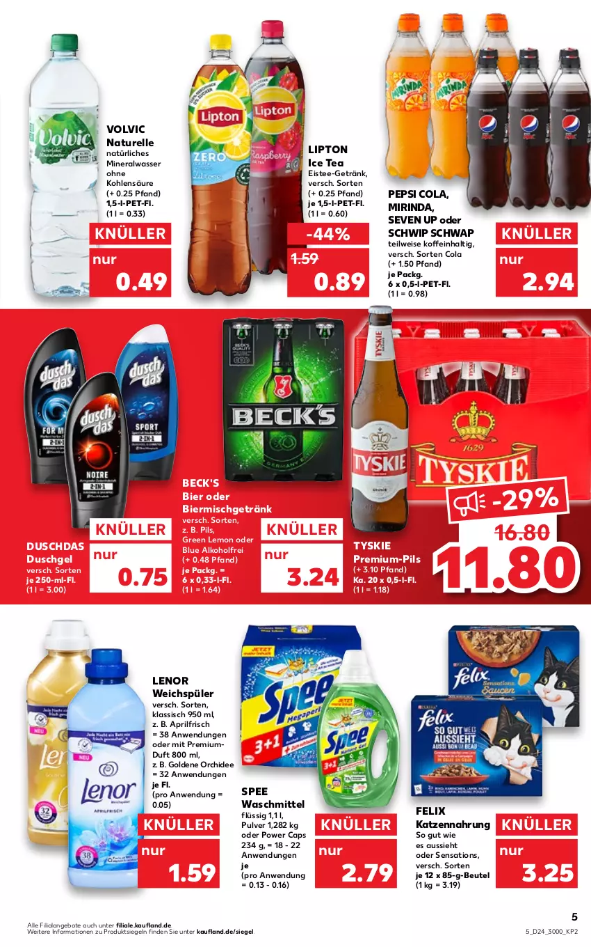 Aktueller Prospekt Kaufland - von 16.06 bis 22.06.2022 - strona 5 - produkty: alkohol, Alwa, angebot, angebote, beck's, beutel, bier, Cap, cola, duschdas, duschgel, eis, eistee, elle, felix, getränk, ice tea, katzennahrung, lenor, lenor weichspüler, lipton, lipton ice tea, mineralwasser, Mirinda, natur, natürliches mineralwasser, orchidee, pepsi, Pepsi Cola, pils, pril, rel, rind, Schwip Schwap, sensations, spee, tee, Ti, tyskie, volvic, waschmittel, wasser, weichspüler