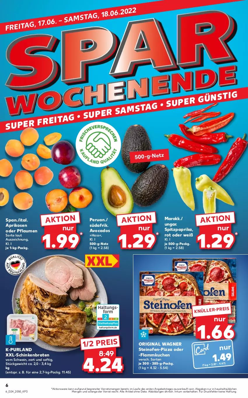 Aktueller Prospekt Kaufland - von 16.06 bis 22.06.2022 - strona 6 - produkty: angebot, aprikose, aprikosen, avocado, avocados, braten, eis, flammkuchen, gin, kuchen, lamm, Ofen, original wagner, paprika, pflaume, pflaumen, pizza, purland, reis, saft, schinken, schinkenbraten, schwein, Spitzpaprika, steinofen, Ti, wagner, wein, ZTE