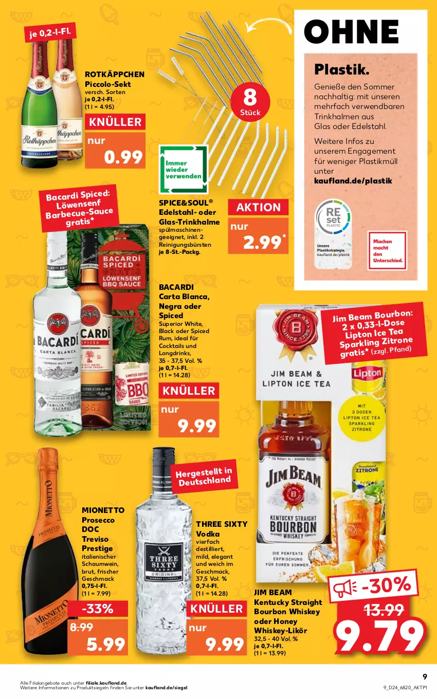 Aktueller Prospekt Kaufland - von 16.06 bis 22.06.2022 - strona 9 - produkty: angebot, angebote, asti, bacardi, barbecue, bourbon, bourbon whiskey, brut, bürste, bürsten, cocktail, cocktails, drink, drinks, ecco, edelstahl, jim beam, kentucky straight, lack, likör, lipton, mac, mionetto, prosecco, Reinigung, reinigungsbürste, rotkäppchen, rum, rwe, sekt, spülmaschinen, Three Sixty, Ti, Trinkhalme, tuc, vodka, wein, whiskey