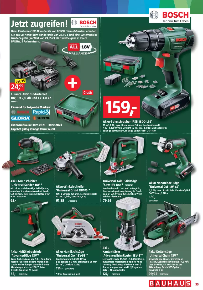 Aktueller Prospekt Bauhaus - Prospekte - von 02.12 bis 30.12.2023 - strona 35 - produkty: adapter, akku, akku-bohrschrauber, Akku-Handkreissäge, Akku-Winkelschleifer, angebot, auer, Bau, Bohrschrauber, bosch, bürste, bürsten, eis, Elektro, elle, Handkreissäge, Heißklebepistole, Holz, Kette, ladegerät, latte, LG, ndk, ohne akku und ladegerät, reifen, reis, reiss, Ria, rind, Router, rum, säge, Salsa, stichsäge, Ti, tisch, torte, werkzeug, Winkelschleifer